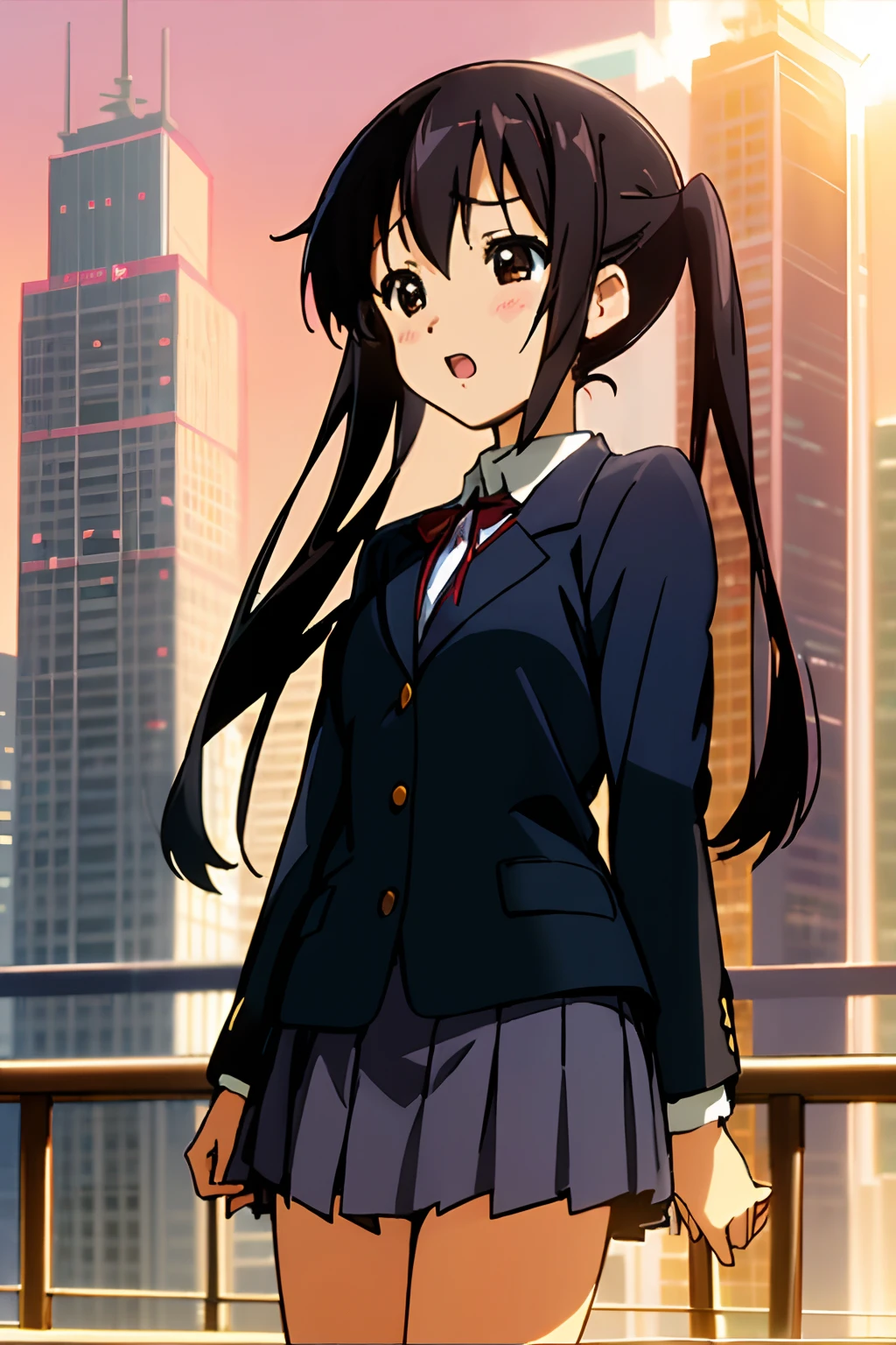 1girl, (((masterpiece))), highest quality, best quality, high detail, nakano azusa, 1girl, sakuragaoka high school uniform, school uniform, twintails, long hair, black hair, brown eyes, solo, red , a navy blue blazer with red narrow ribbon, a solid white buttoned shirt under the blazer, illustration, cartoon, soothing tones, calm colors, soft cinematic light, adobe lightroom, photolab, hdr, intricate, highly detailed, ((((depth of field)))). (((takeout))).dynamic focus.big breasts.(((Skyscrapers))).(((A city scape))).(((Face of sadness))). open mouth.(((up chest))).((evening glow)).((the setting sun)).