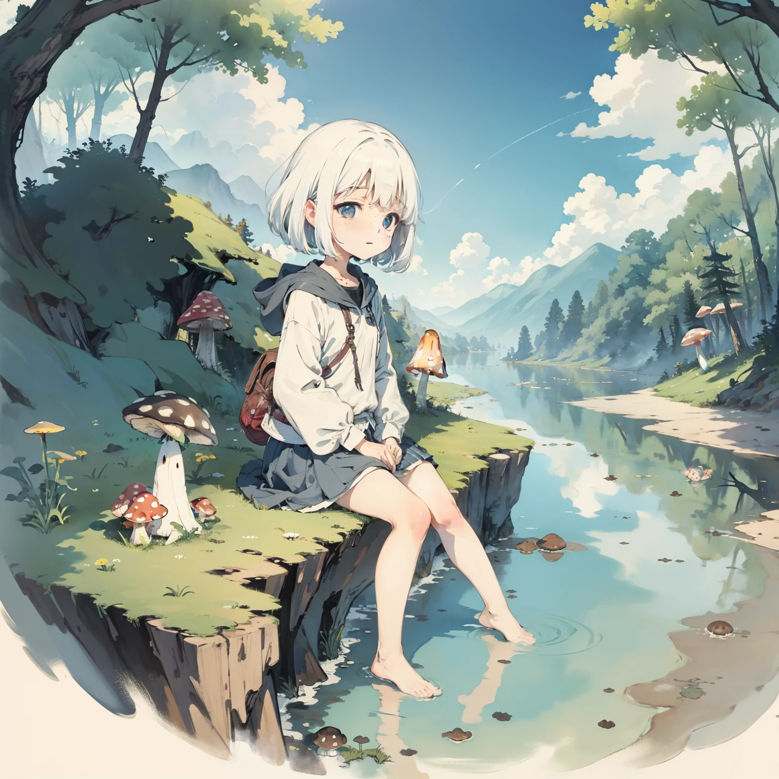 Explore the kingdom of psychedelic and fantasy mushrooms,Huge mushrooms,Watercolor illustration, Perfect anatomy, Masterpiece, Best quality, 1girll, Loli,elementary student, Solo, (with short white hair:1.2),Nature, landscape,tiny feet, Sit on mushrooms,Soar into the sky