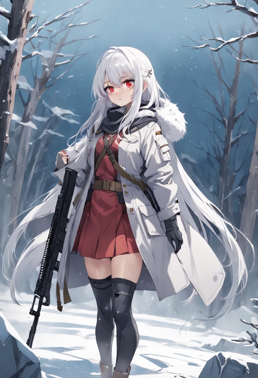 woman、long white hair、red pupils、Thick gray coat、Bandage wrapped around the right thigh、grey short skirt、White color blouse、Mosin-Nagant sniper rifle in his right hand、In the ice and snow、Chest flat