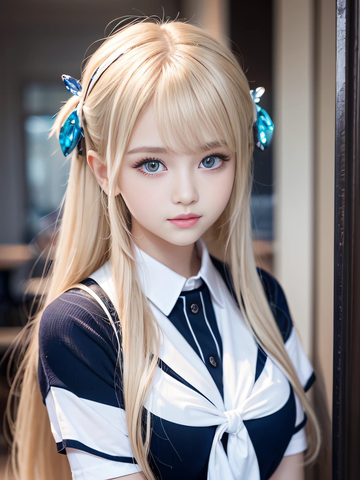 portlate、School Uniforms、bright expression、poneyTail、Young shiny shiny white shiny skin、Best Looks、Blonde reflected light、Platinum blonde hair with dazzling highlights、shiny light hair,、Super long silky straight hair、Beautiful bangs that shine、Glowing crystal clear attractive big blue eyes、Very beautiful nice cute 16 year old girl、Lush bust