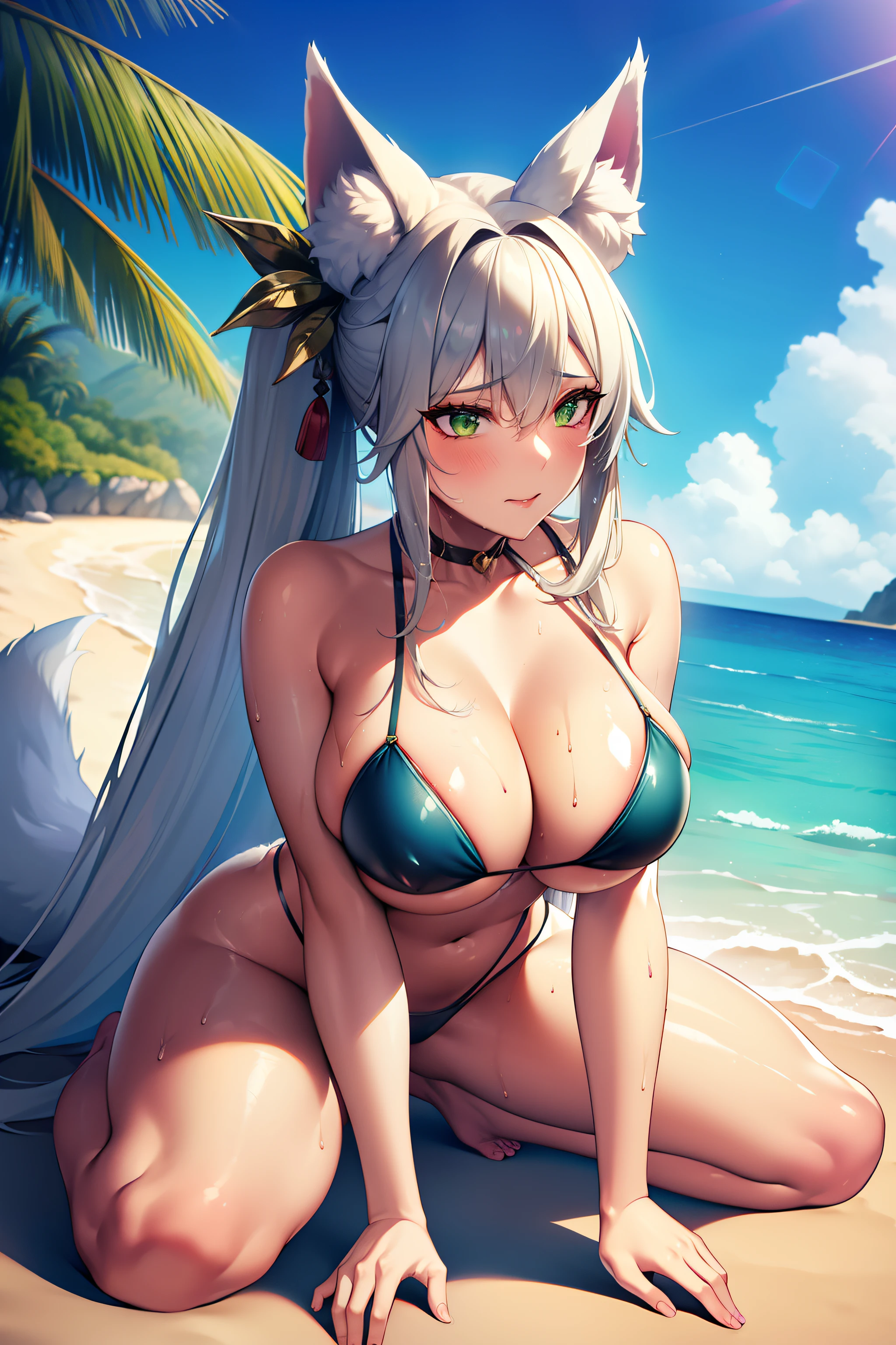 one woman, fox ears, fox tail, silver hair, green eyes, medium breasts, wide hips, full body, hair ornament, sexy, alluring, mommy, sweaty, kimono, oily body, shinny body, wet clothes, swimwear, beach, tan,