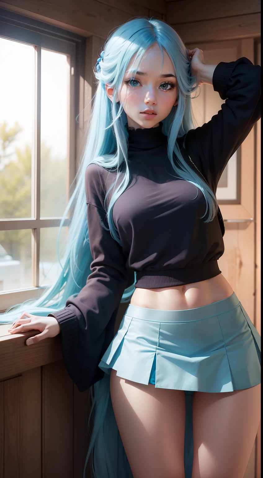 Girl with long blue hair shows panties under skirt