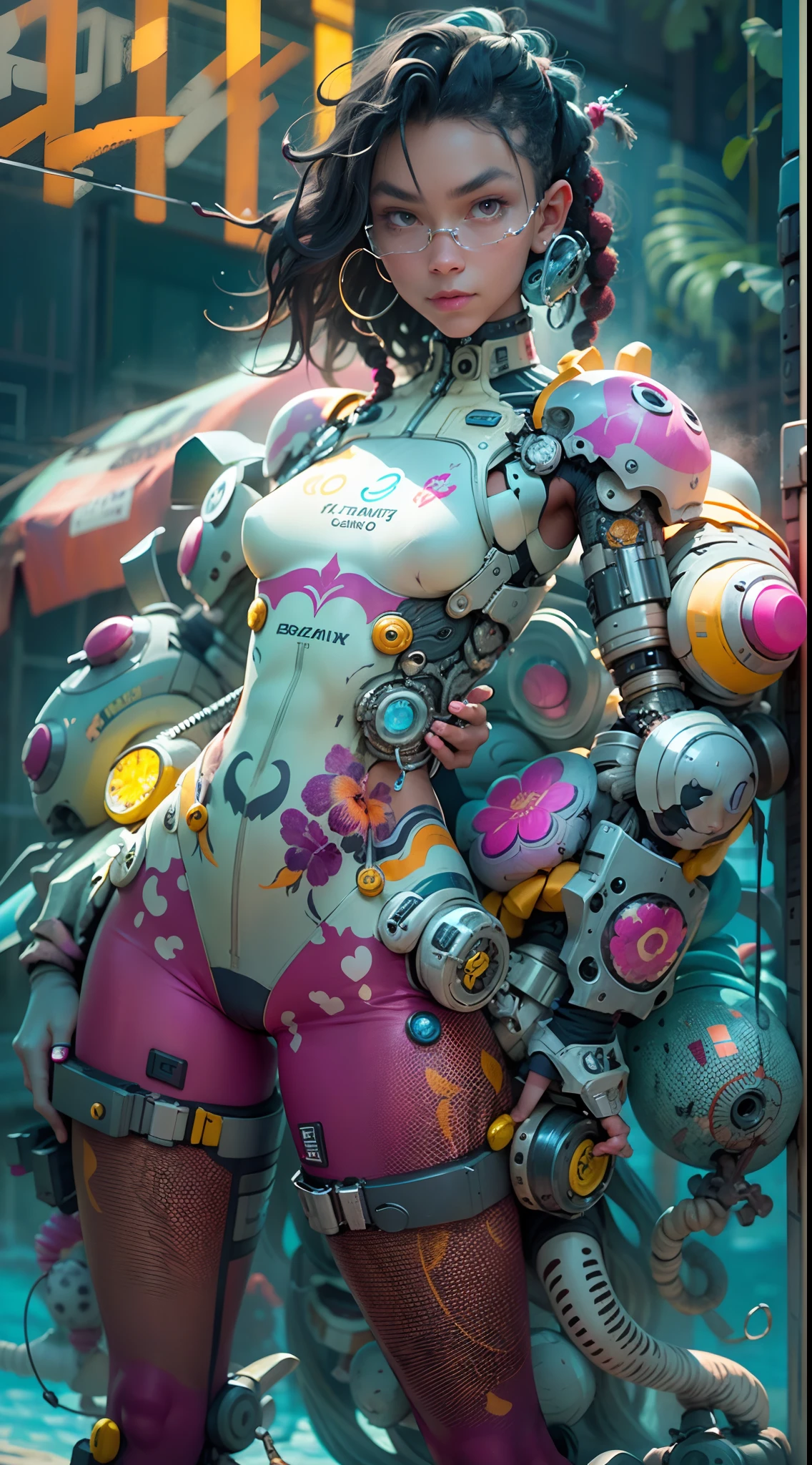 "1 cyborg girl with tattoos, dread hair in spring, puffer suit, vibrant and luminous colors, sharp and cinematic style, depth of field, capturing the essence of 35mm film, and a touch of luminous painting, standing full body details, Sexy poses."