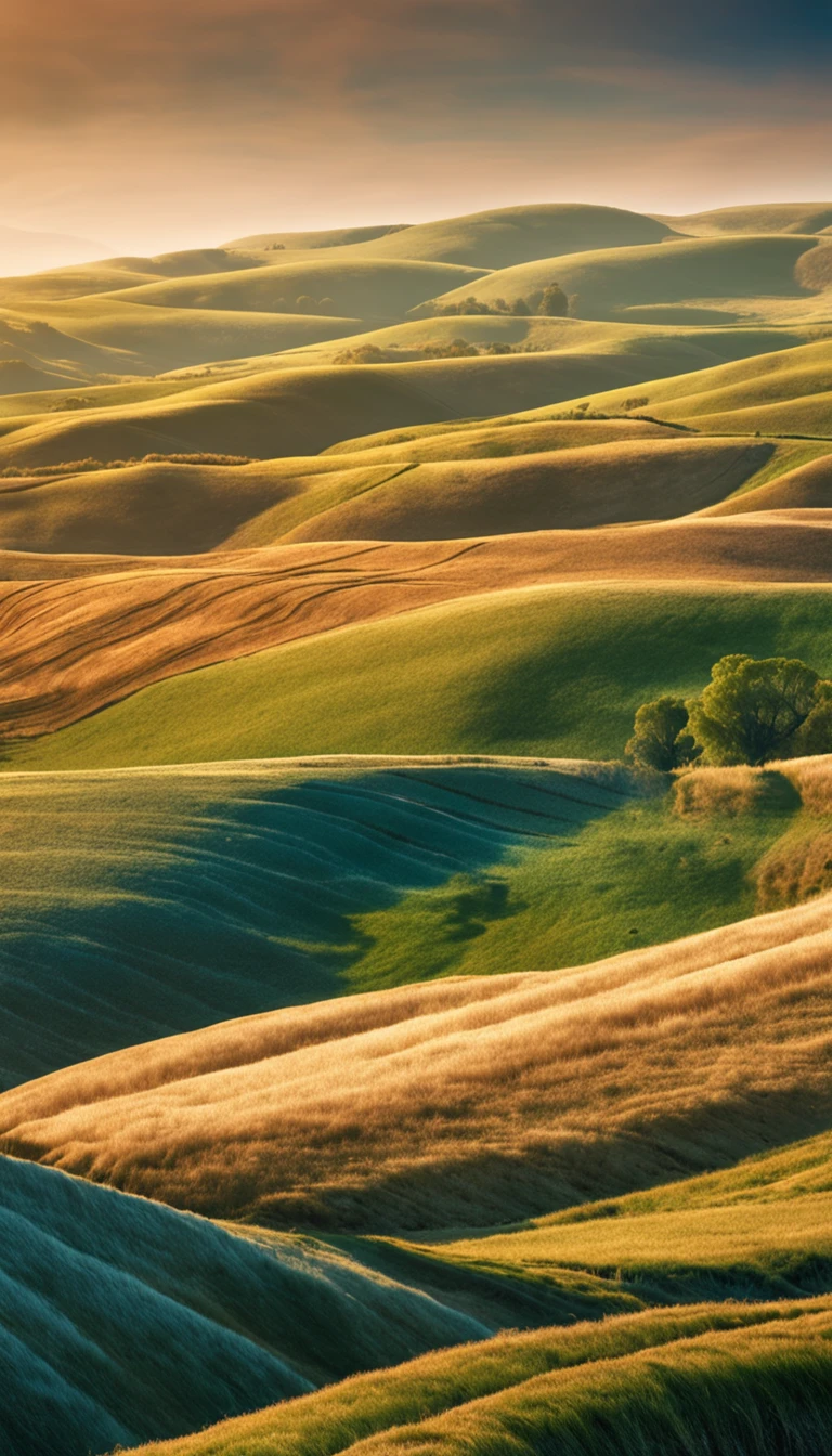 Soft artwork of rolling hills, Wheat, Rural farmland, Blue sky, Rich textures