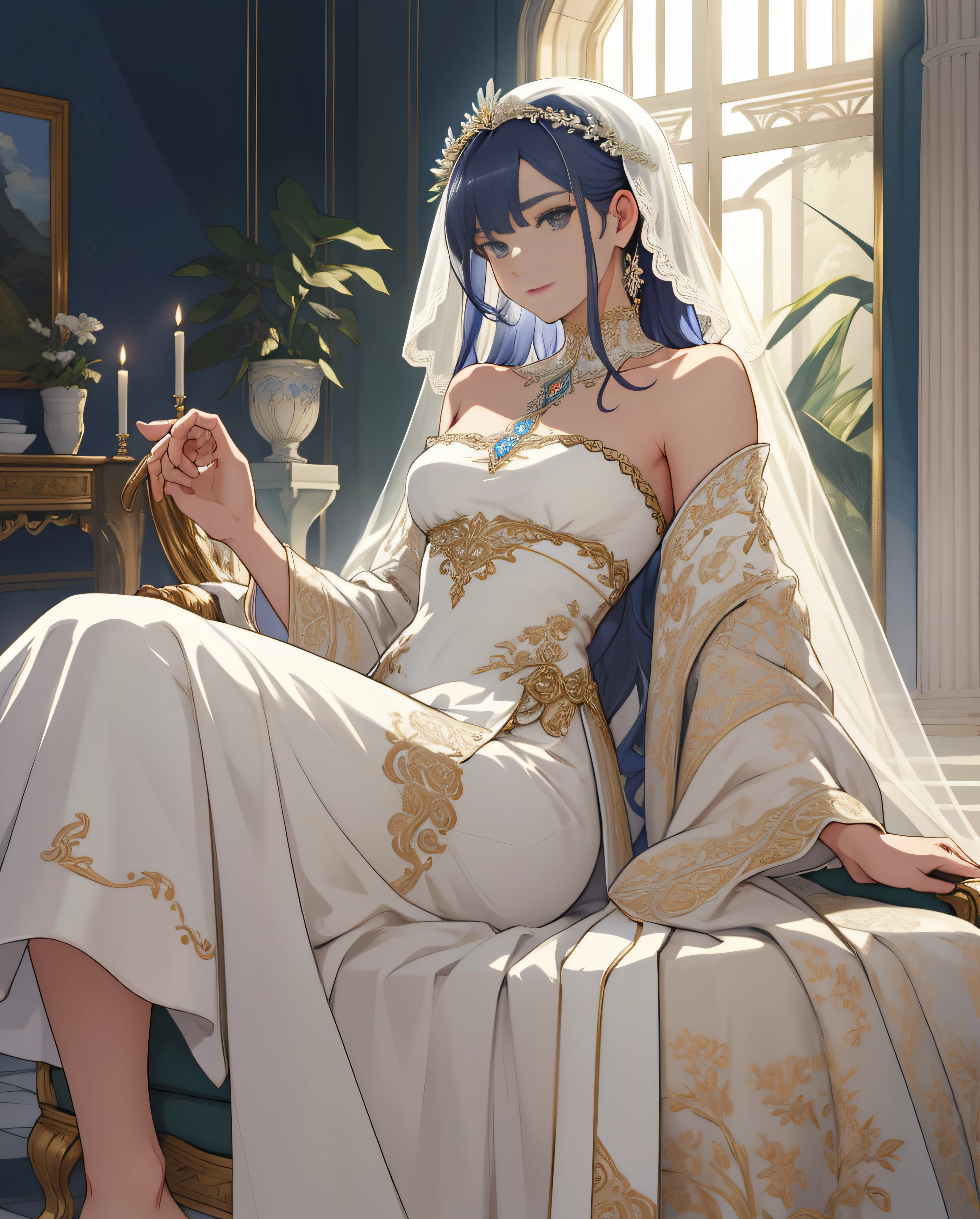 (masterpiece:1.2)、top-quality、(illustratio:1.2)、(ultra-detailliert)、Hyper-detailing、(delicate detail)、(intricate detailes)、1womanl、fully body photo、bionde、Sitting on the side、with extremely beautiful facial features、robe blanche、Hairpin on the head、perfect hand、Soft light、ornate、looking at the viewers、long court、 embroideries、White long dress、ren、femele、A queen、fit derrier、Beautiful veil、Pedras preciosas、ornamented、embroideries、Relax on the sofa、lie on one's side、Royal costume、relax、Greek Goddess Dark Dress、Strapless、Shoulder out、long legged、facing back、