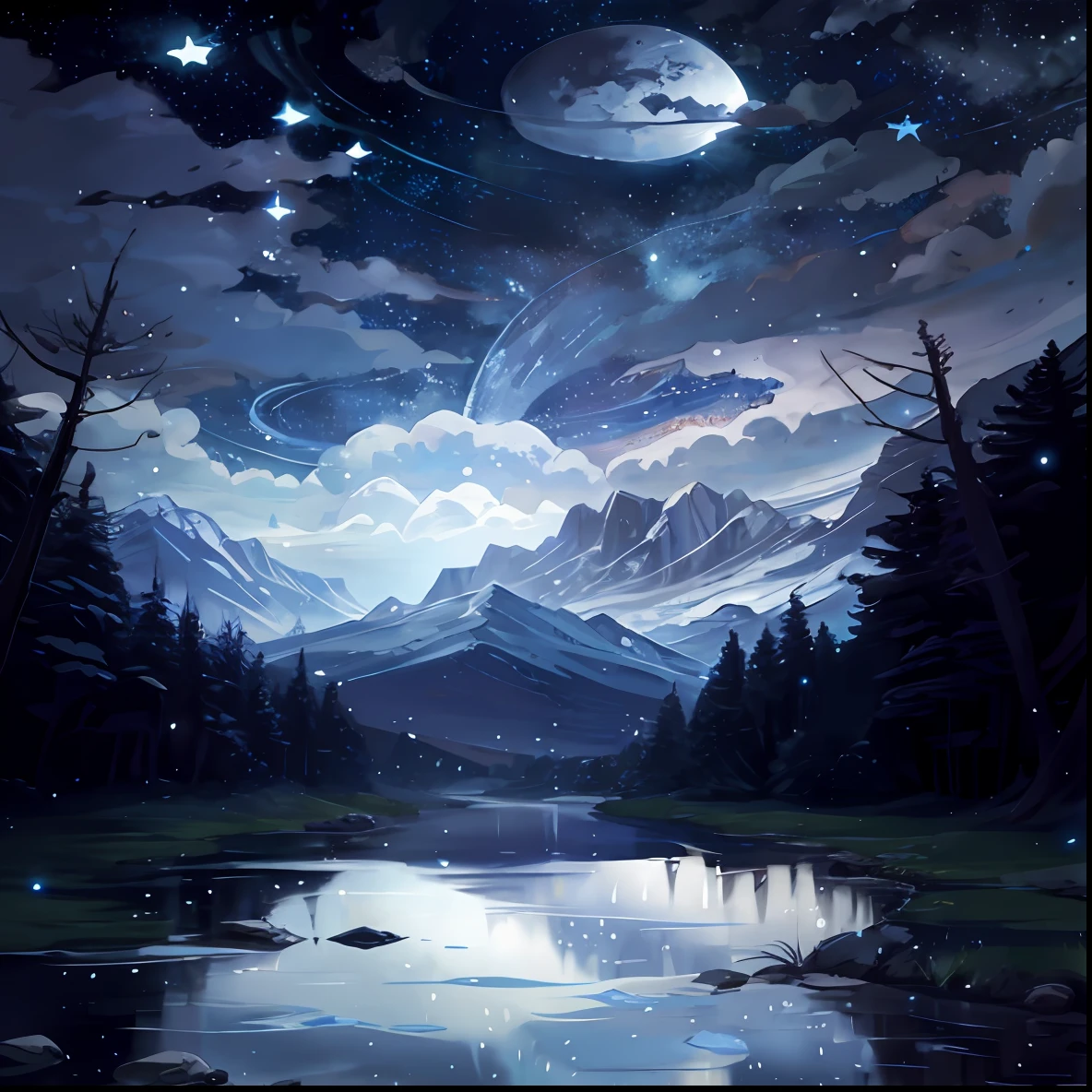 A painting of a river with stars and moon in the sky, concept art inspired by Tosa Mitsuoki, pixiv contest winner, best quality, fantasy art, beautiful anime scene, a bright moon, moonlit starry environment, dream painting, Anime Background Art, Fantasy Landscape Art, Fantasy Night, Anime Background, Background Artwork, Fantastic Art, Atmospheric Anime, Starry Sky, Detail Enhanced.