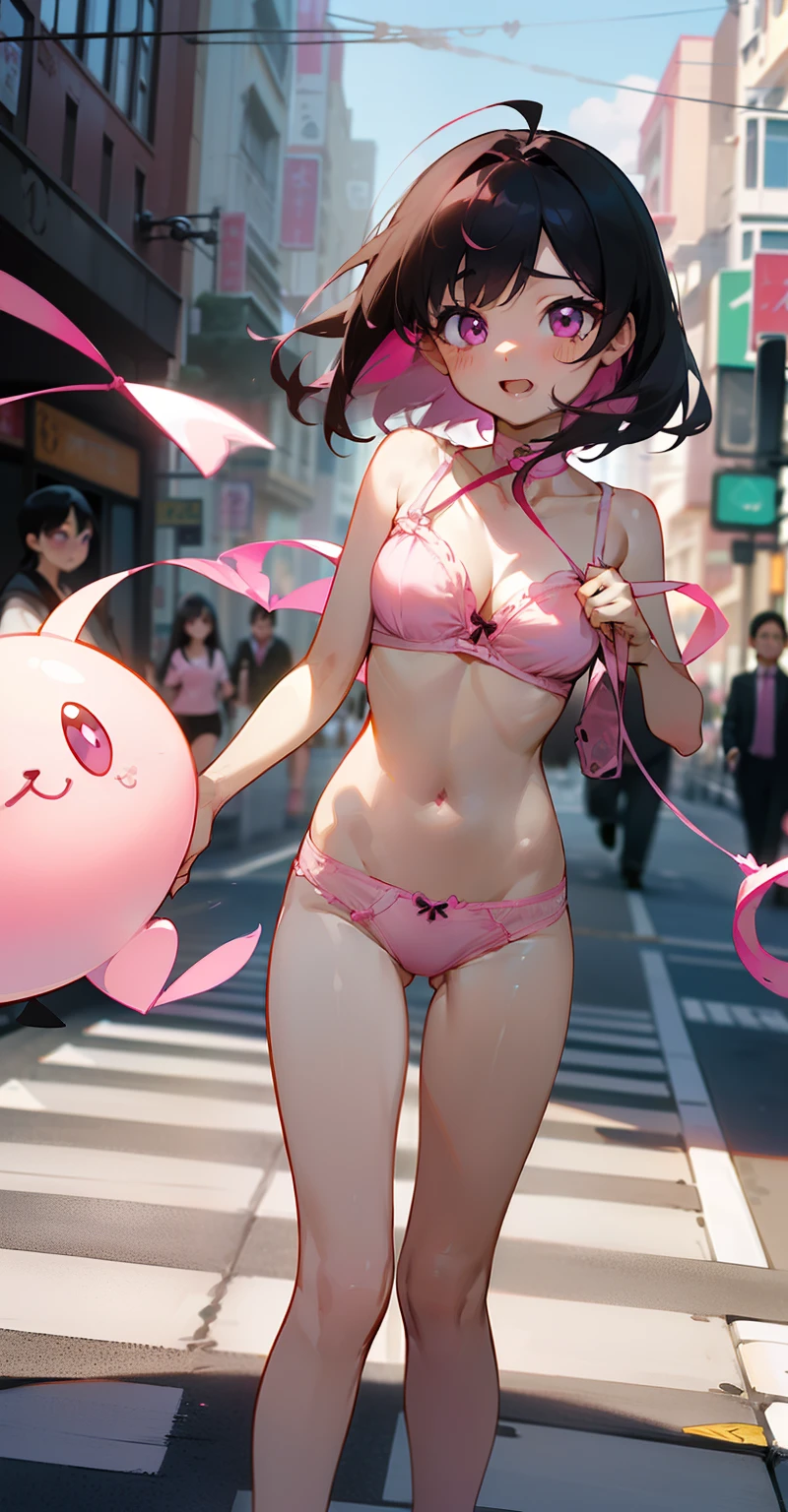 (Heart eye、droolng、a smile)(A dark-haired、Pink eyes、Eye of the Heart)(Underwear、Pink string underwear、button、button)(Healthy thighs、Thin calf)(Pink bra、thin、鎖骨)(very thin constriction)(light skinned、skin whitening)(great joy、jumpping)(In the street、during daytime、crosswalk)