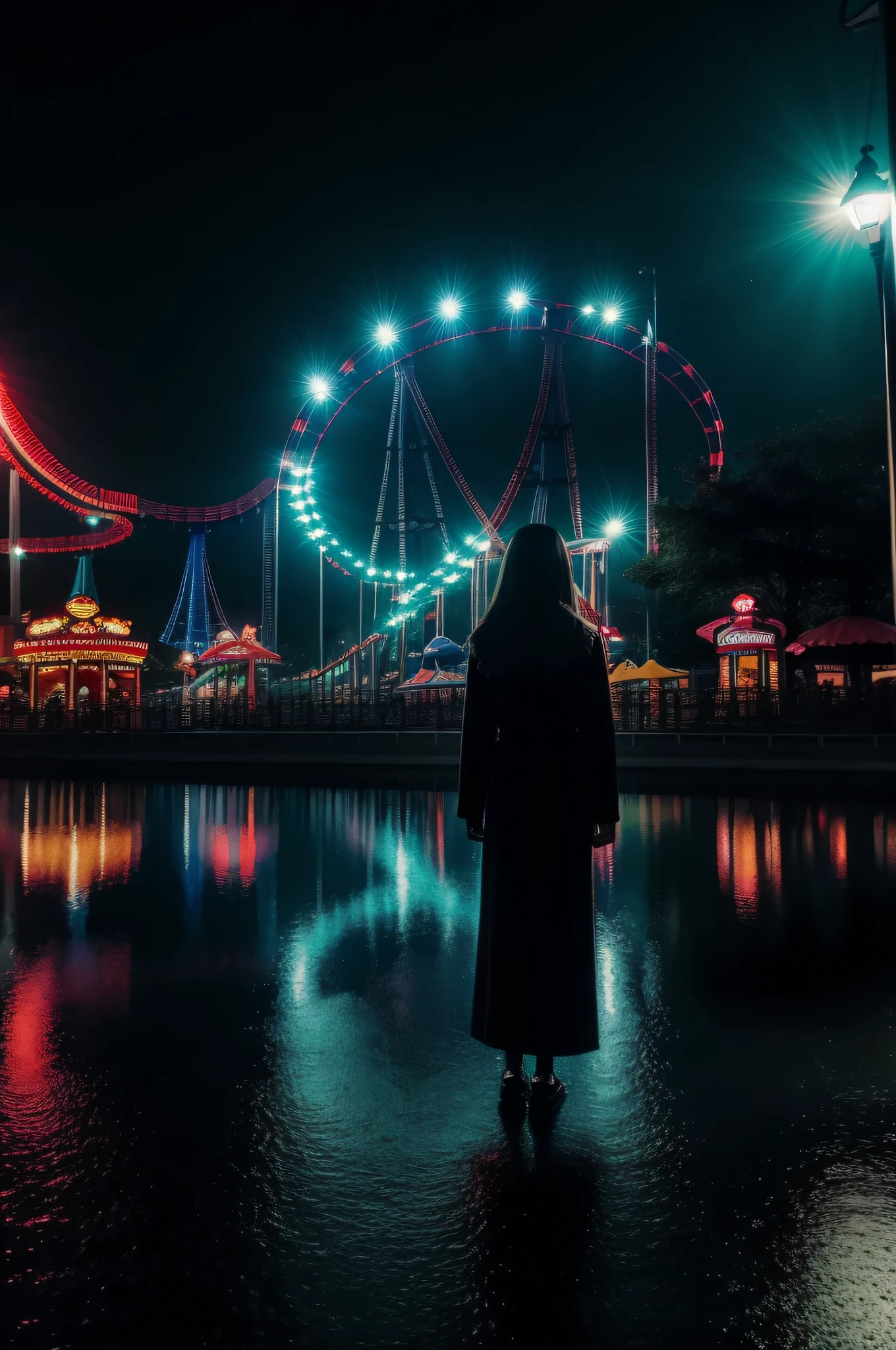 deep in the night、mid night、((An amusement park、Standing Woman、Sad woman、Only one light))、Foggy、Sateen、reflection、Nostalgic but unsettling photos、Images in a dream、uneasy、horor、terrifying、desolate、Pretty dark image、Grainy photo、Film Touch、color photograph、wide angles、wide-angle lens, Wide Shot, ultra wide-angle、