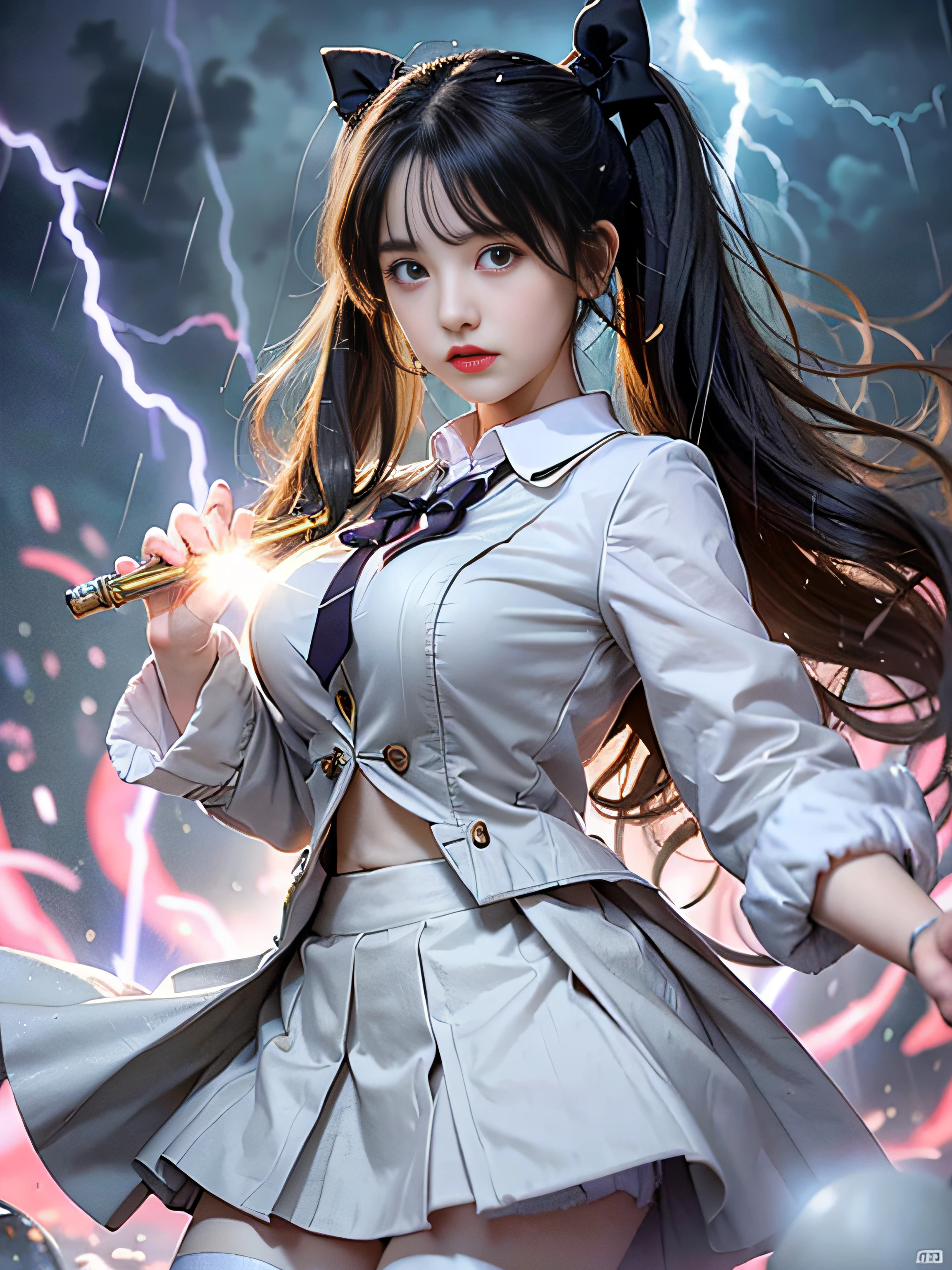 top-quality、​masterpiece、超A high resolution、(Photorealsitic:1.4)、Raw photo、Detailed CG image quality、cyberpunked、Beautiful fece、(1 Magical Girl)、sixteen years old, (Twin-tailed black hair:1.4), (White ribbon stopping hair), (Platinum Silver Accessories:1.4)、(White School Uniform:1.4)、(big breasts thin waist)、(Purple eyes:1.3), (radiant eyes), (Mystical powers:1.2), (Holding a white wizard wand:1.4), (A pale and fierce ball of light emanating from the wand:1.4). detailed portrait、8K picture quality、bright colour、concept-art、Cinematic and dramatic atmosphere、foco nítido、Volumetric lighting、Cinematographic lighting、Wearing studio quality、(Neon lighting)、depth of fields、Ambient lighting、Blurred foreground、blurry backround:1.3, (rainy evening:1.4), (Severe lightning strike:1.4),