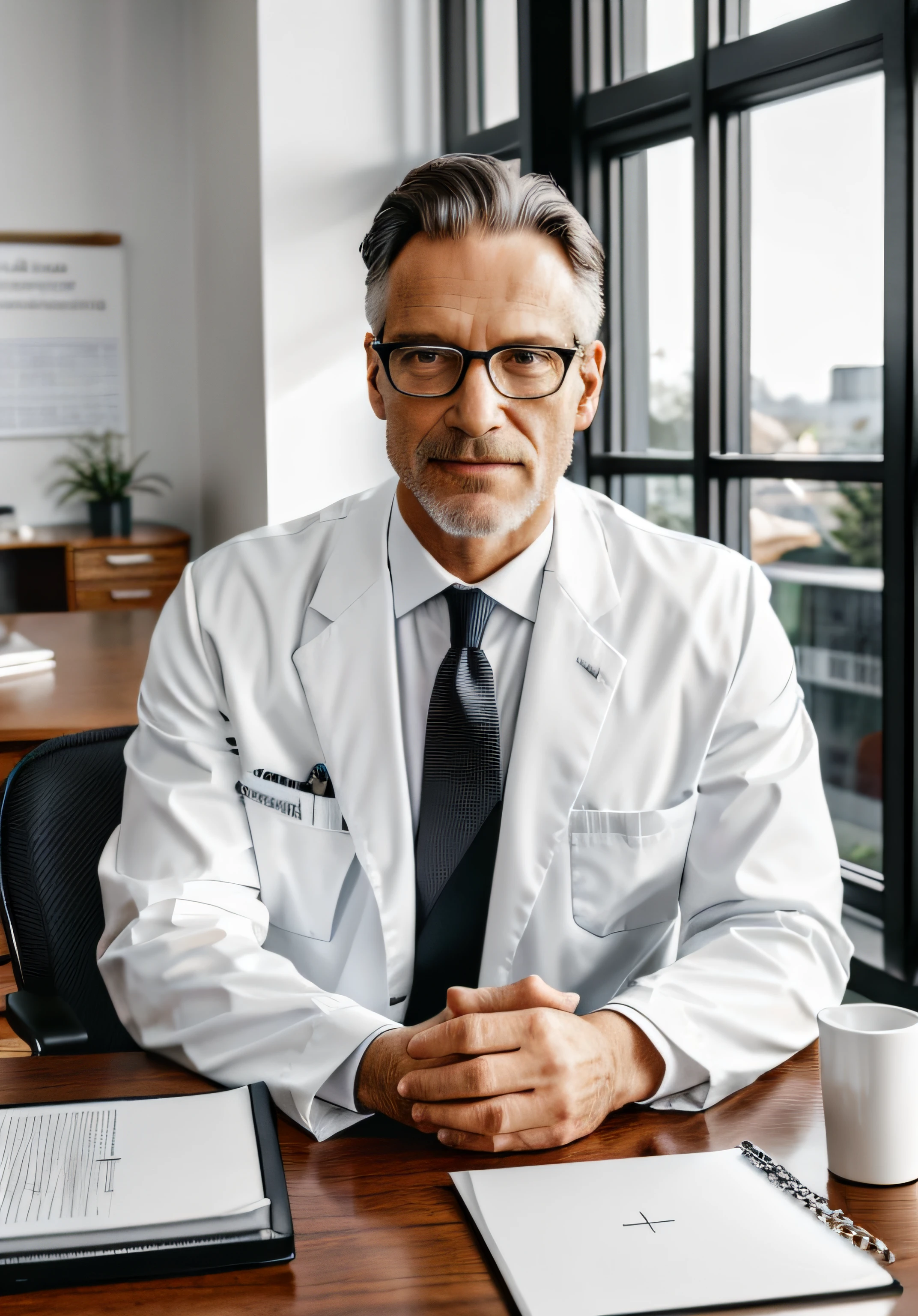german 50 years old man wearing glasses and a white suit and tie sitting at a table, photo of a man, sitting at desk, wearing a doctor suit, corporate photo, handsome man, professional portrait hd, wearing doctors white suit, sitting at a desk, a photo of a man, handsome and attractive, professional profile photo, attractive man, sitting behind desk