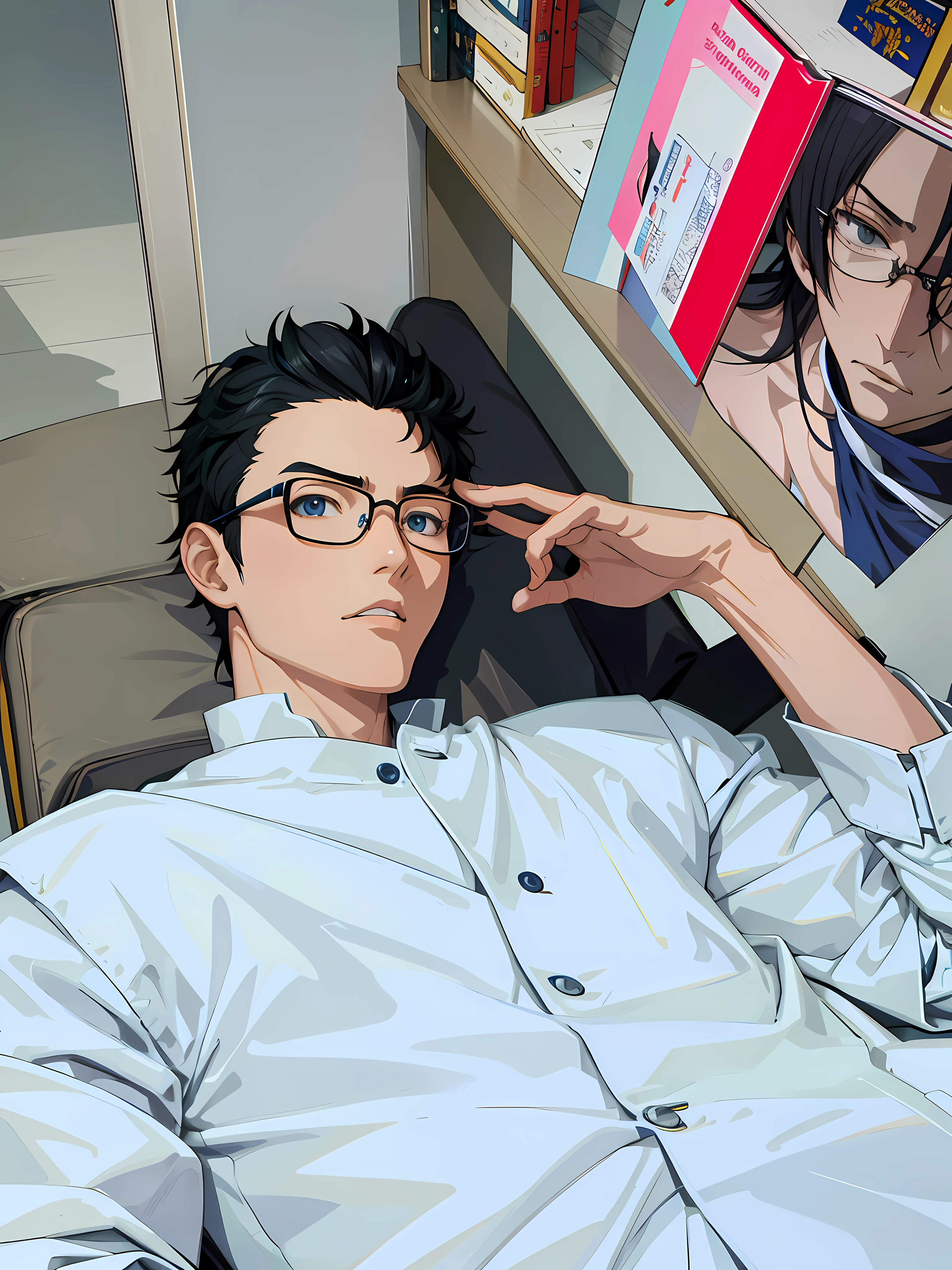 Anime people sit in chairs and wear glasses,The background is the bookshelf, kentaro miura art, kentaro miura art style, kentaro miura manga art style, Anime portrait of a handsome man, kentaro miura manga style, Anime handsome man, miura kentaro style, Handsome anime pose, miura kentaro style, shigenori soejima illustration