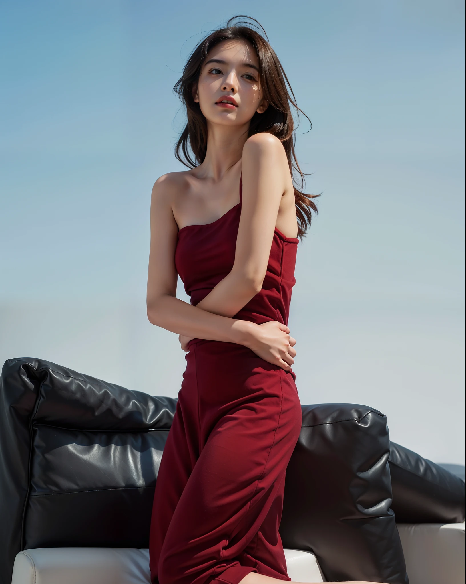 1girll,Sit on a comfortable sofa,Cross ed leg,Soft light
