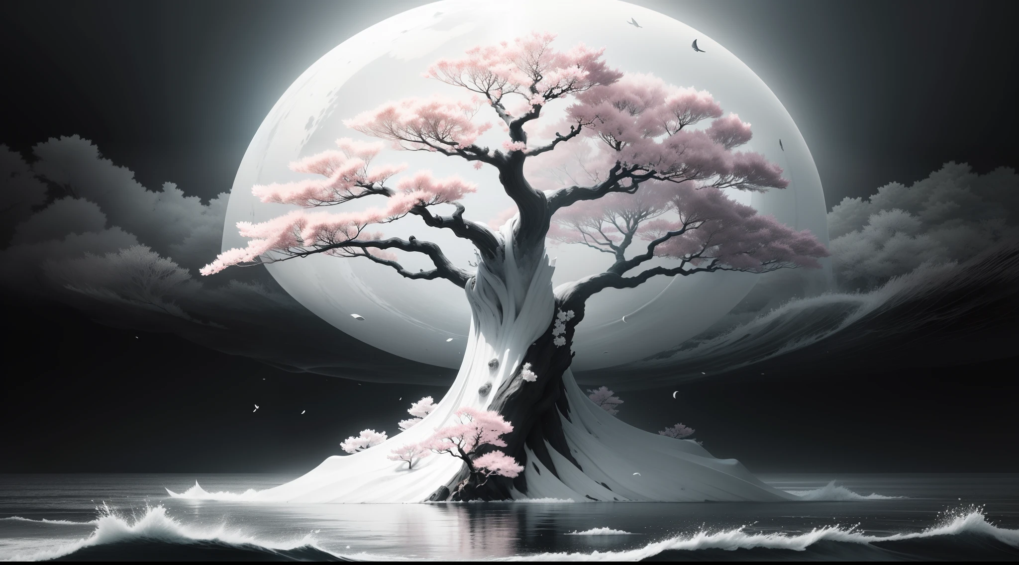 "black and white, serene Sakura tree in the middle of the sea"