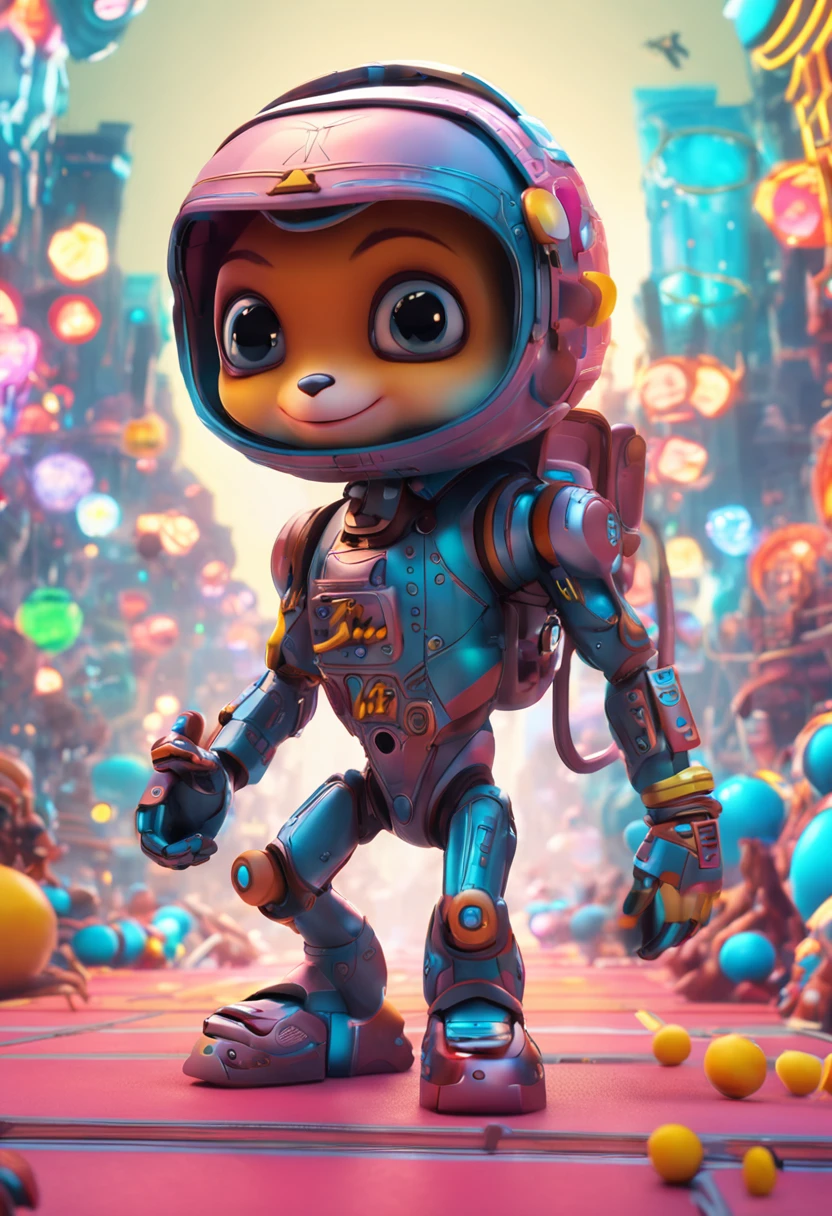 A small monkey,，magical, Anthropomorphic,Upper body length，Short legs， Wear a futuristic machine，Carry mechanical weapons, The background is a colorful universe. pixar animation, Funky blind box, OC Render, Ray traching, High quality, High detail, high resolution, 8K, bust size