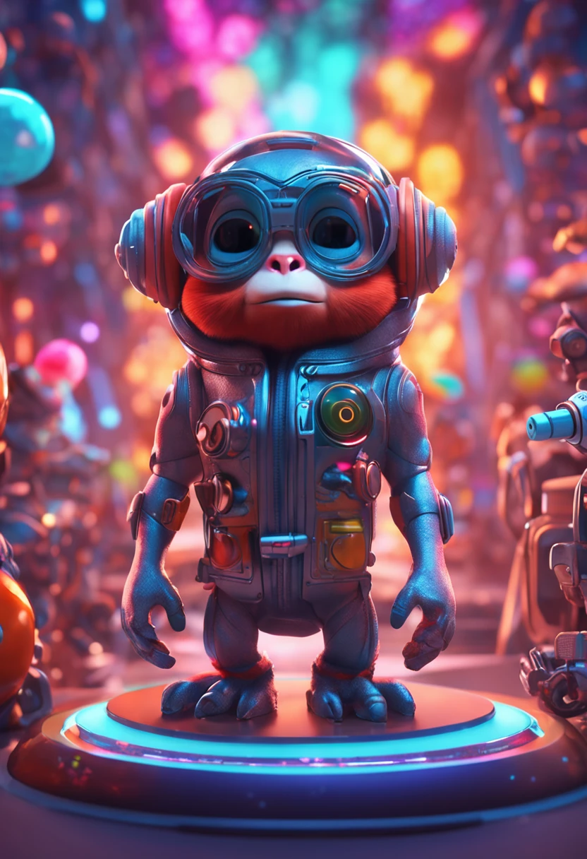 A small monkey,,magical, Anthropomorphic,Upper body length,Short legs, Wear a futuristic machine,Carry mechanical weapons, The background is a colorful universe. pixar animation, Funky blind box, OC Render, Ray traching, High quality, High detail, high resolution, 8K, bust size