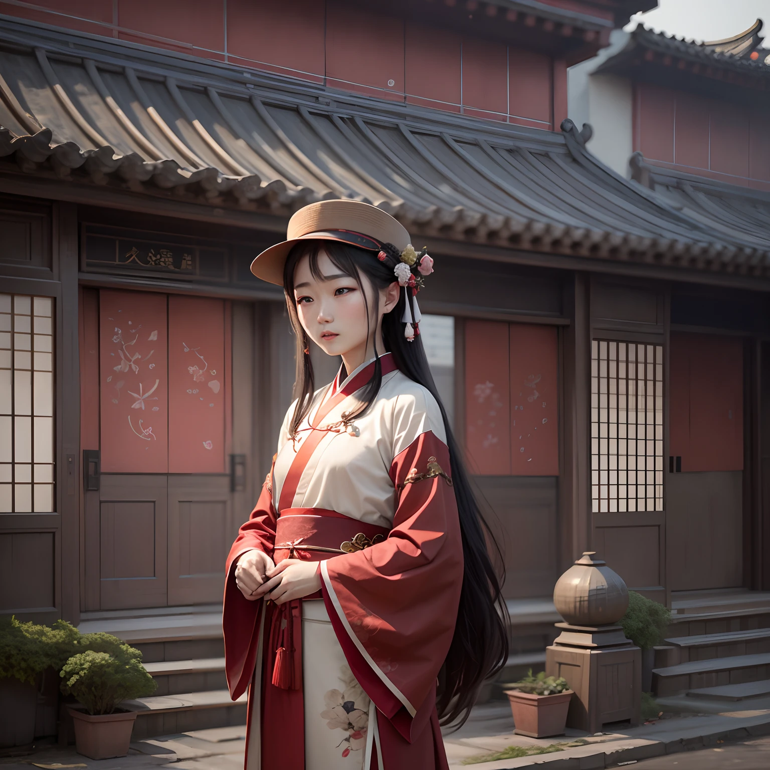 In China's rural people, people's clothing style is Hanfu, the facial expressions of the human face should be natural, people hold New Year gifts, the building is a Tang Dynasty style building, and the decoration of the building needs to have a New Year atmosphere