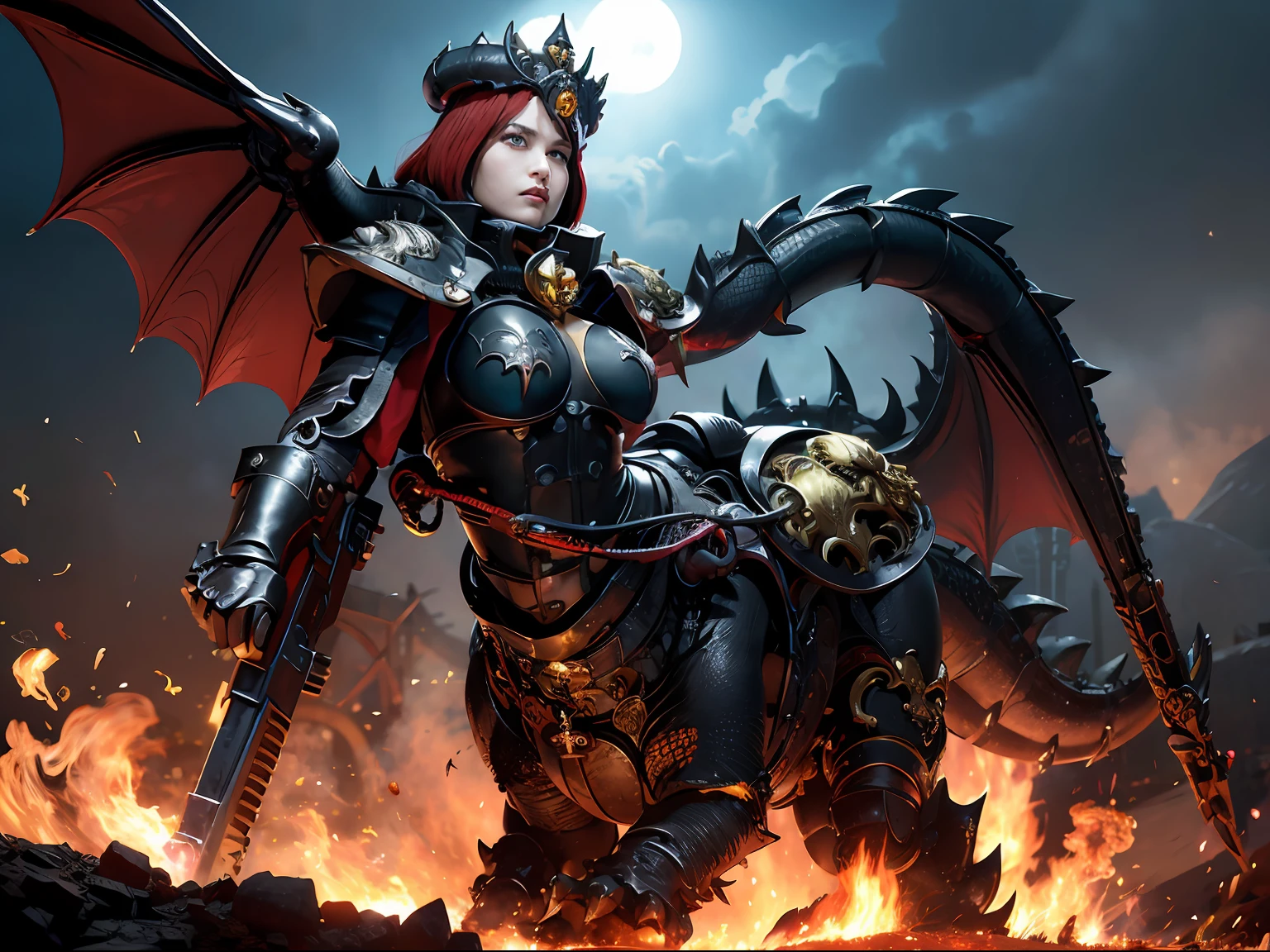 (demonic wings), Professional , ​masterpiece、top-quality、photos realistic , depth of fields 、（Dragon Black Metal Body:1.９),(Matte Blue Black、Bloody、（cleavage of the breast）、Dragon Gold Weapon（Dragon Metal Body:1.４),Gorgeous gold weapons ,（（ Dragon's dense and gorgeous sword）） , （The dragon is rampaging）   ,warhammer 40k , adepta sororitas,Detail and gorgeous crown、（（Red hair））、（Castle background）、（（Gangle's forest background））、Beautiful Caucasian beauty、１a person、dynamic ungle,(((Detailed and ornate Black Dragon Crown)))、Smaller head、A smile、Castle background、Thin and beautiful female hands、cleavage of the breast、Soldier in iron armor on background、Mystical expression、Light Effects、intense fighting、Wind-effect、magic circles、With the legendary magic wand、Dragon's tail、Toostock、