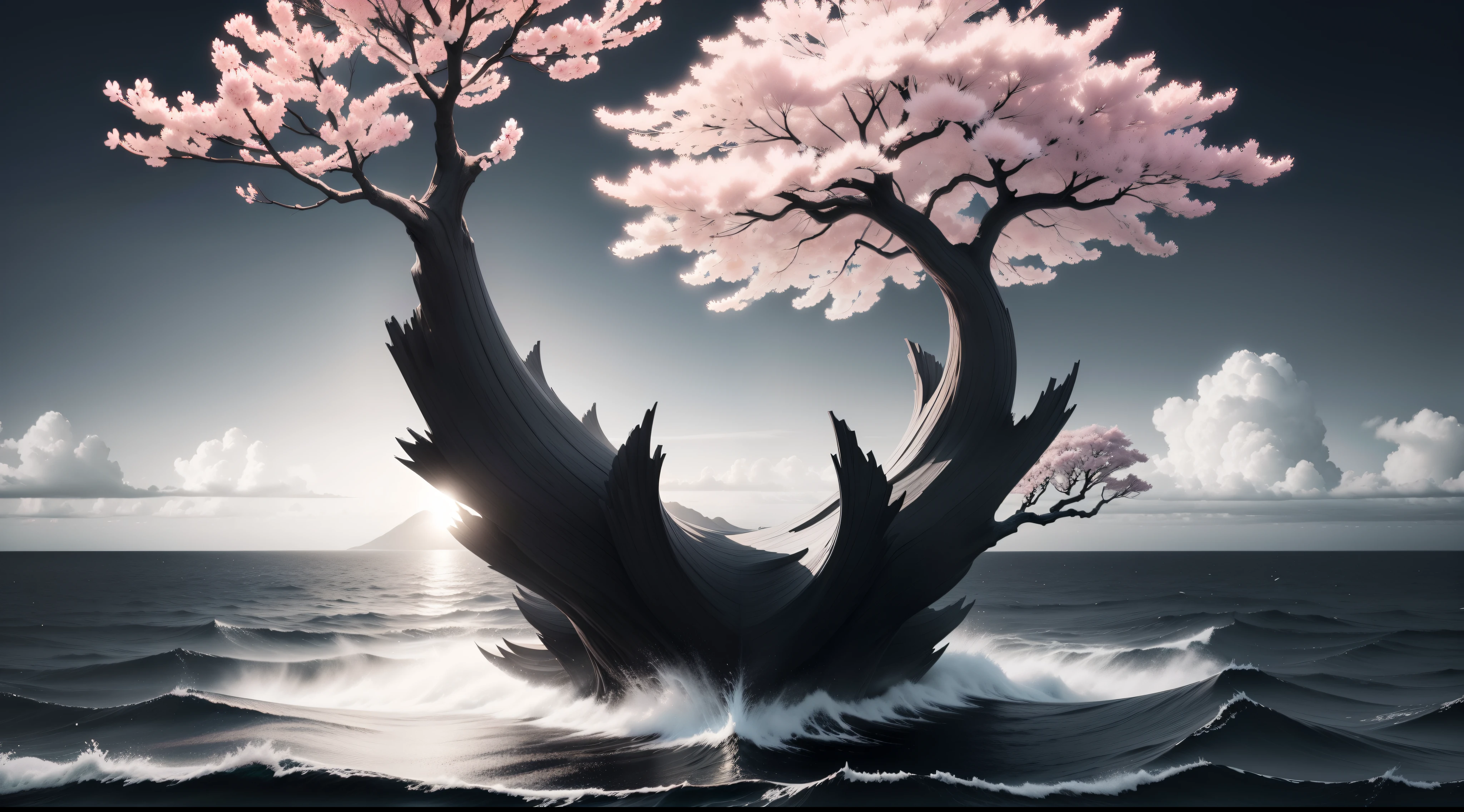 "black and white, serene Sakura tree in the middle of the sea"