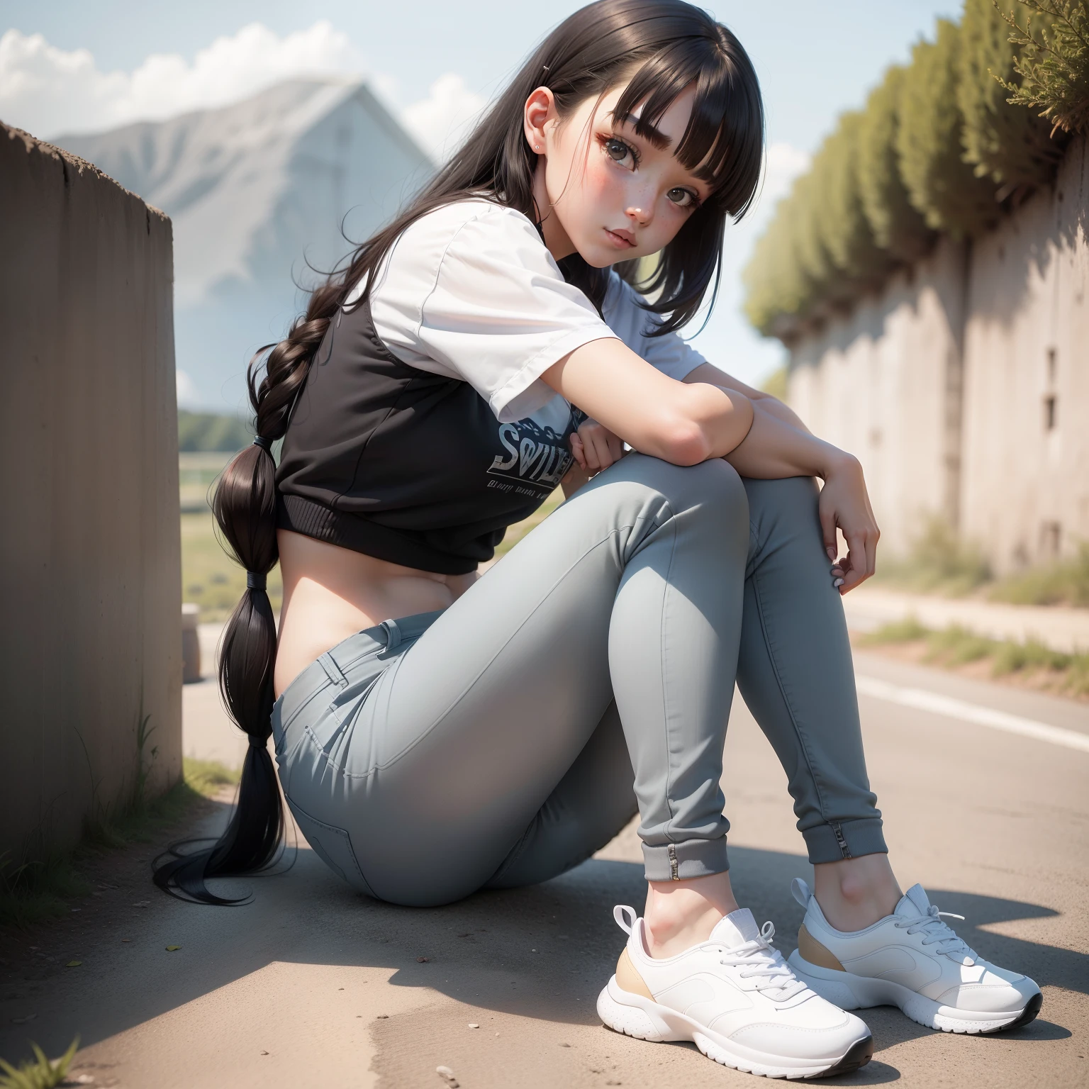 full bodyesbian,A cute girl,Wear black socks and small white shoes,brunette color hair,horse tailed,With bangs,grey pants,scenery background