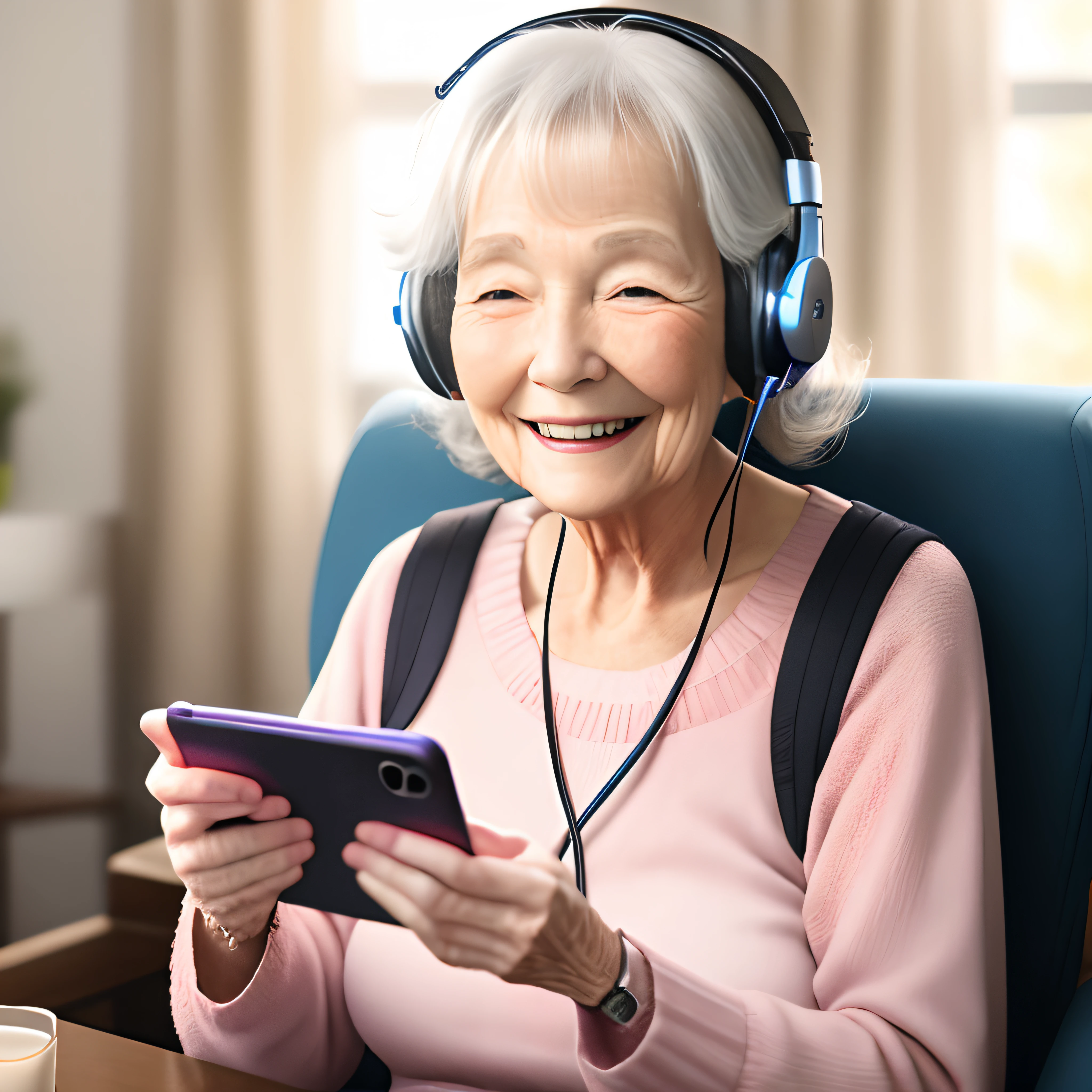 Elderly woman smiling wearing headphones with a cell phone in hand