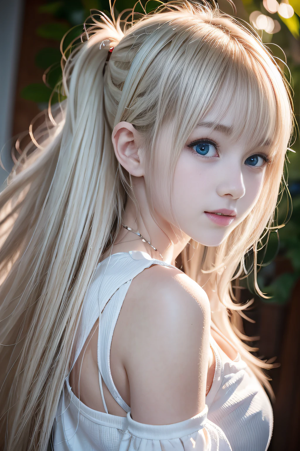 bright expression、poneyTail、young and shiny white shiny skin、Best Looks、Gold reflects light、Platinum blonde hair，Shine brightly、Shiny light hair,、Super long silky straight hair、Beautiful bangs that shine、Big blue eyes that sparkle like crystal clear and charming、Very nice and lovely  girl、Lush bust,Beautiful detailed eyes, Beautiful detailed nose,(( full bodyesbian:1.25)),Eyes emphasize makeup、((Pleated pleated skirt)),A woman like Joan of Arc、Knights, With a sword and shield，Royal style，Comic style, , Sub-surface scattering, ornate detail, nature backdrop, Hyper-realistic, Cinematic, Dramatic lighting, masutepiece、Armor with a wolf motif、((Wolf ears))、