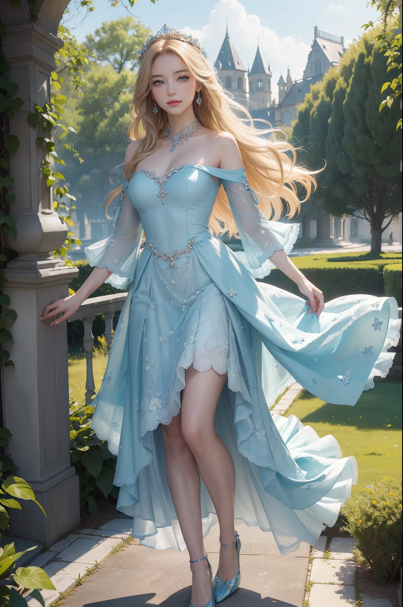 ((top-quality、masterpiece、photographrealistic:1.4、in 8K))、Beautuful Women、18year old、Beautiful expression、a blond、extremely detailed eye and face、beatiful detailed eyes、(Fantastic glamorous dress printed with colorful flowers、Princess)、Luxury accessories、(Stroll through the beautiful gardens。European-style castle in the background)、Glass shoes、Cinematic lighting、Textured skin、Super Detail、high detailing、High quality、hight resolution、Looking at Viewer、Elegant smile、Full body、europian、blue-sky、lots of flower