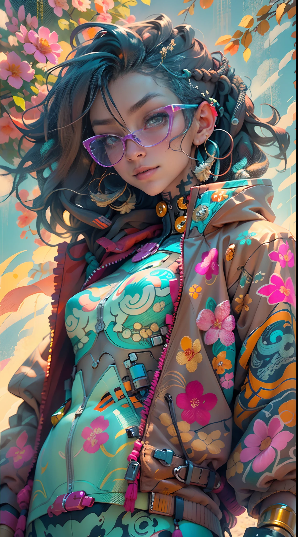 "1 cyborg girl with tattoos, dread hair in spring, puffer suit, vibrant and luminous colors, sharp and cinematic style, depth of field, capturing the essence of 35mm film, and a touch of luminous painting, standing full body details, Sexy poses."