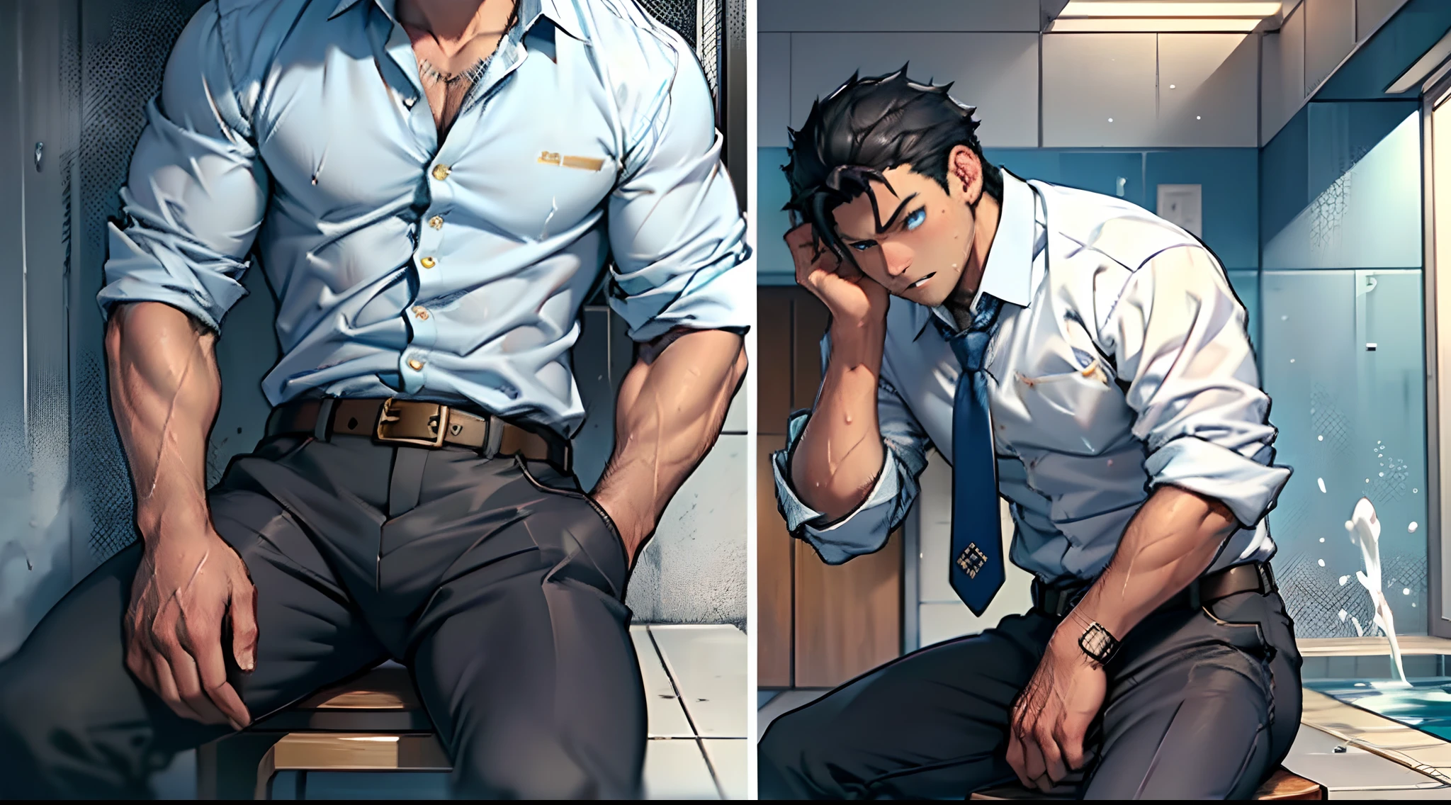 （1 Adult male），A high resolution， Sharp focus， Pixiv masterpiece， （（Complicated details））， highly  detailed， natsuki_subaru， 1 man，perfect male figure，Urine on the trouser leg， Nervously bow your head，is shy，embarressed，exhilarated，is shocked，panicking，worry，A pool of urine formed around him，Very eager to pee，Unbearable，Wet yourself，Urine discharge，full bodyesbian，sit astride，Tired，decadent， blue color eyes（eyes glowing）， Black hair short hair，white  shirt，Wear a tie，Wear a belt，trousers，perspire，Drenched，Get wet，pissing，urine flows down the pants，look from down