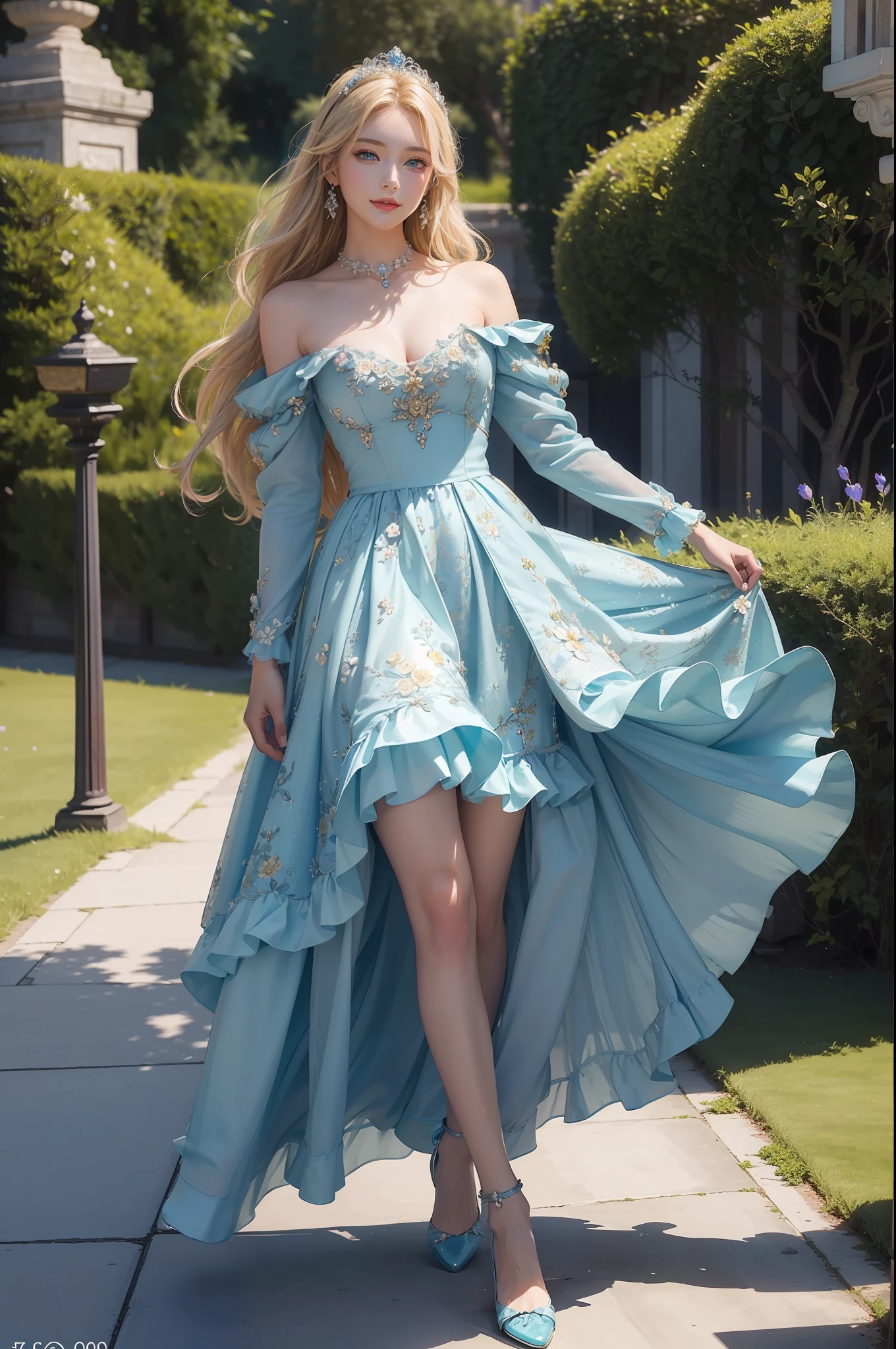 photograph of a woman, standing on a balcony, kristen-7000, big smile, long colorful detailed dress, stunning environment, ultra realistic, concept art, elegant, ((intricate)), ((highly detailed)), depth of field, (((professionally color graded))), 8k, 85mm, f/1. 8, art by artgerm and greg rutkowski and alphonse mucha