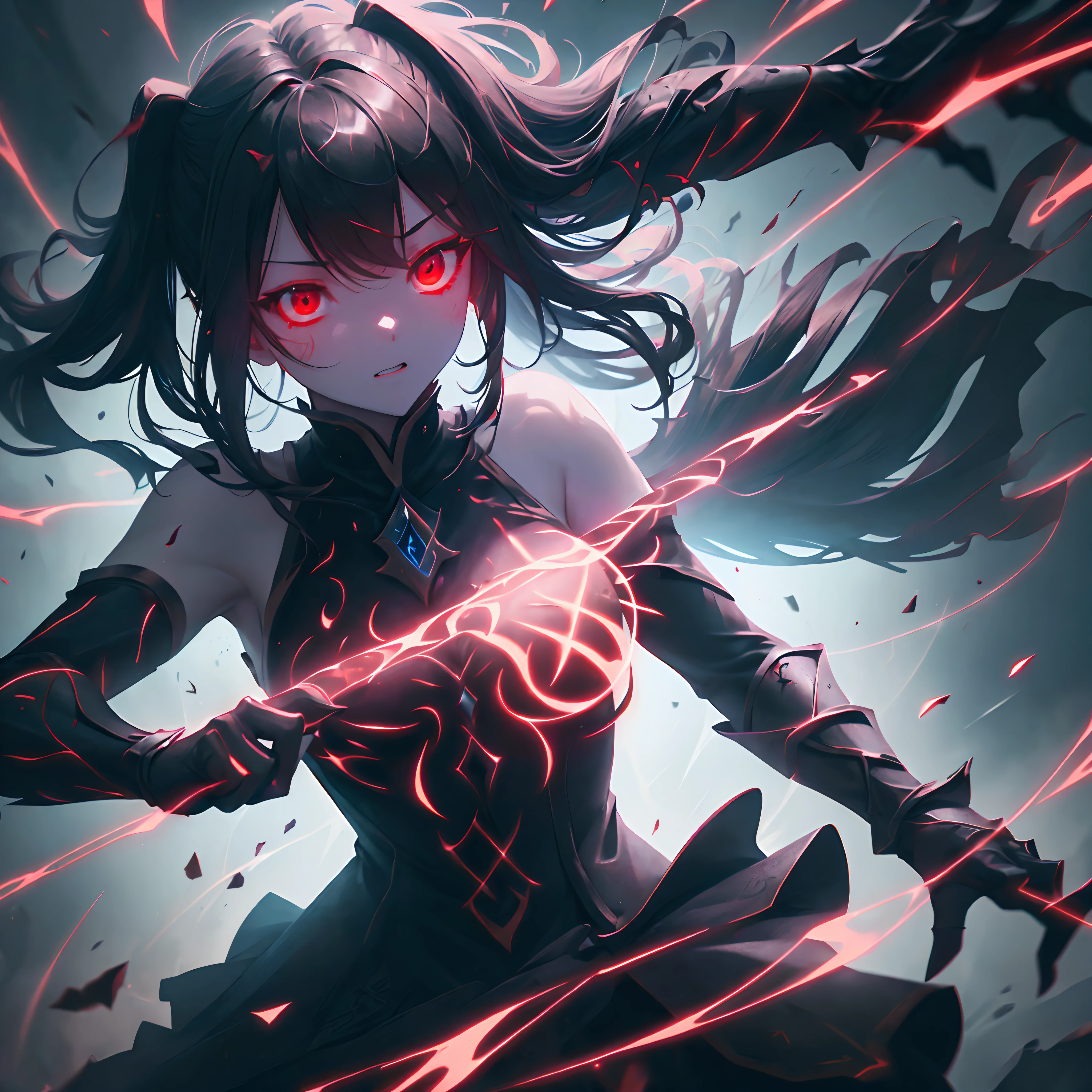 One girl holding Excalibur with both hands、(Red eyes)、(frontage)、(Zoom the upper body)、((Excalibur absorbs darkness from the surroundings))、(motion-blur)、(16K)、(ufotable graphic)、(Unreal Engine)、(sharp focus)、(realistic shaded)、(hyper quality)、(highly detailed)、(ray tracing)、(colorful)、(elaborate) --auto