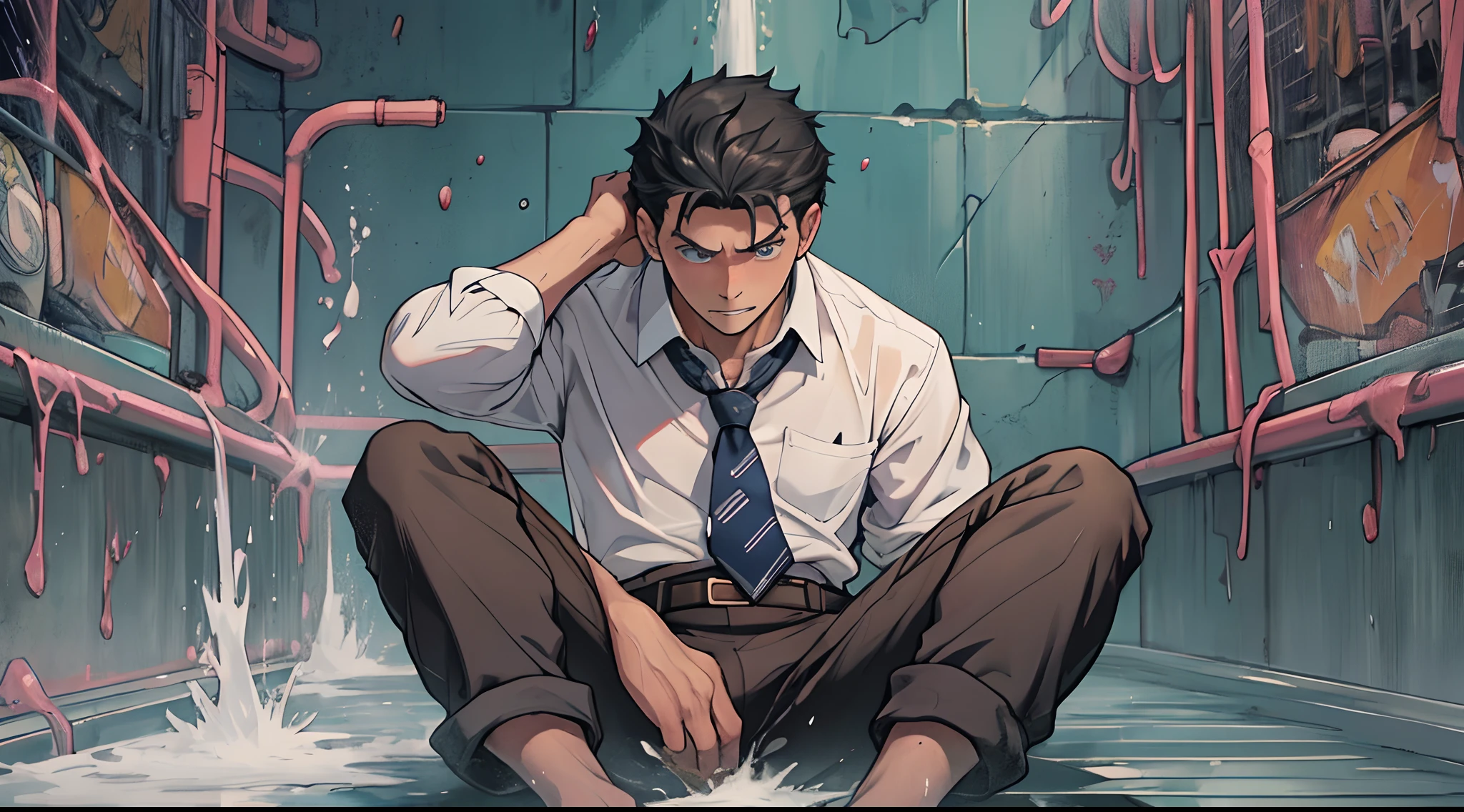 A3R1, Hector Fey ,Multi-view upper body, Suit pants view,legs separated,A3R1,,Pee yourself,His own urine ran down his thighs,perfect male figure, Aerith Gainsborough ,The suit pants are wet,Urine runs down the leg of the trouser,Yellow eyes,Half squat,legs separated,Can't hold back urine,wants to pee,Wear a tie,wearing leather belt,Long Sleeve White Shirt,(The shirt is soaked),Black hair short hair,perspire,Black suit trousers,dress shoes,Nervously bow your head,is shy,embarressed,exhilarated,is shocked,panicking,worry,exteriors,On dry ground, A small puddle of his own urine formed around his feet,half squatting,Very eager to pee,Unbearable,Can't help but pee,Urine flows from the crotch to the legs,Incontinence,It's uncomfortable,Very anxious,Sweat runs from the crotch,Wet yourself,urinating,high detal,hentailsm,ultra-realistic realism,three sided view, A masterpiece of careful planning,A high resolution, hyper HD ,anatomy correct,super detailing,best qualtiy,A high resolution,8K