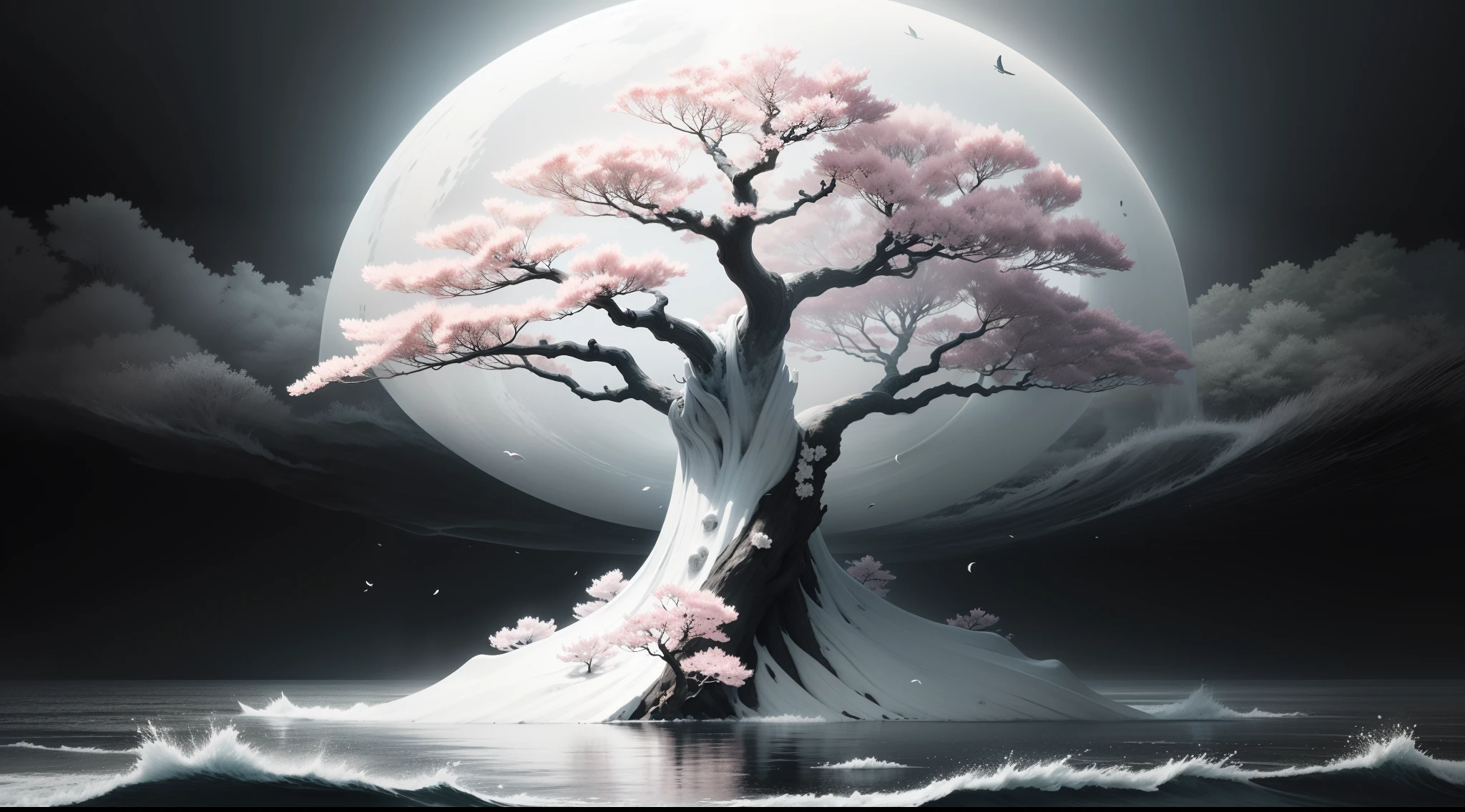 "black and white, serene Sakura tree in the middle of the sea"