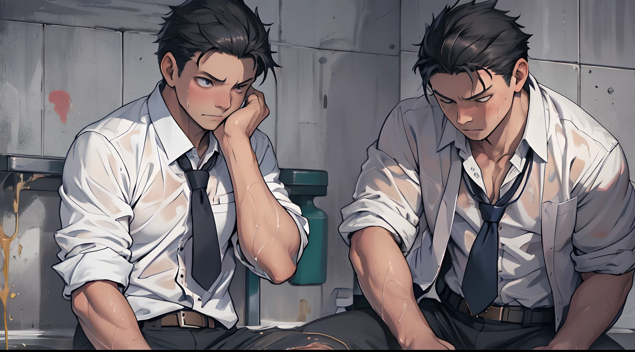 (1 Adult male),A high resolution, Sharp focus, Pixiv masterpiece, ((Complicated details)), highly detailed, natsuki_subaru, 1 man,perfect male figure,Urine on the trouser leg, Nervously bow your head,is shy,embarressed,exhilarated,is shocked,panicking,worry,A pool of urine formed around him,Very eager to pee,Unbearable,Wet yourself,Urine discharge,full bodyesbian,sit astride,Tired,decadent, blue color eyes(eyes glowing), Black hair short hair,white shirt,Wear a tie,Wear a belt,trousers,perspire,Drenched,Get wet,pissing,urine flows down the pants,look from down