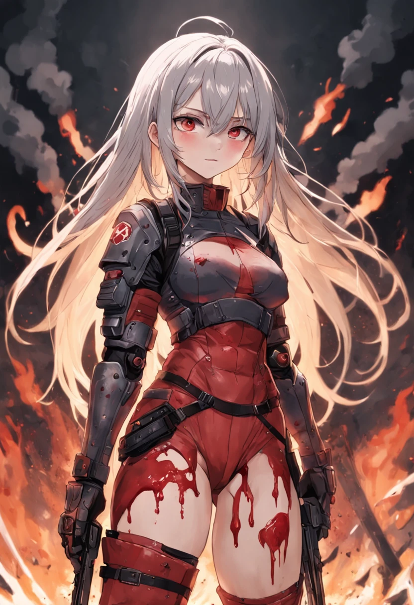 (Highest image quality），（tmasterpiece），（Beautiful CG)，（（（Detailed facial depiction）），（4 people，All female teammates died，Only his own heroic and tenacious resistance remained）full bodyesbian， 8K，A masterpiece，illustratio，Messy hair, (Carefully portray the eyes)，full bodyesbian(Carefully portray the body），raging fire，female pervert，swat，Thrown by the enemy in a wasteland，Hurt expression，Knee protectors，Silver hair，long whitr hair，G-cover，Black combat uniform，Black combat pants，bulletproof vest，Tactical headsets，Tactical training boots，Blood-stained hair，Knee protectors，Bracers，Ankle pads，elbow pads，Blood at the corners of the mouth，The right shoe is frayed，The socks are also broken，The foot is bruised，The legs were covered with bloody bandages，He was slashed 14 times on his left thigh，The right thigh was pierced by a bullet，Shot wound in the right calf，Fractures of both legs，Torn ligament in the left shoulder，Inserted into the back with a knife，Shot 8 times in the back（Preserve the wound with the machete）（Blood is rendered on a large area of the wound）Look straight into the camera，Covered in blood！！！bloods！bloods！bloods！bloods！）gallant，Stabbed through the stomach by 4 bayonets and pushed back，Also fired 9 shots in a row in the stomach， （Save all wounds，Broken，Stained with blood，Look straight into the camera，Covered in blood！！！bloods！bloods！bloods！bloods！Look straight into the camera，Covered in blood！！！bloods！bloods！bloods！bloods！Look straight into the camera，Covered in blood！！！bloods！bloods！bloods！bloods！- Blood bandages are tied to the wound）Battle damage，Defeat，The beaten head broke the blood flow，The whole body was covered with blood marks drawn by the whip！bloods！bloods！bloods！bloods！Covered in blood！Covered in blood！Covered in blood！Sit in the snow，Back against the wall，Blood all over the ground