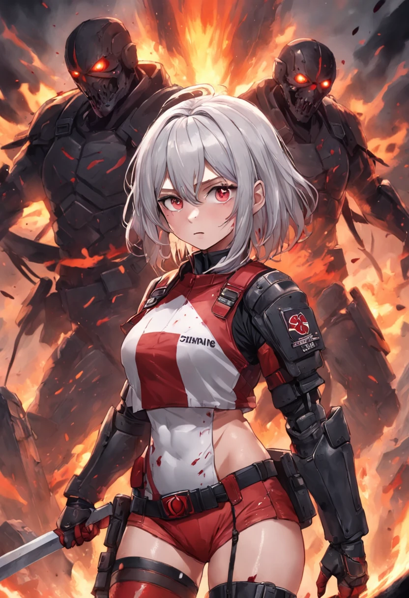 (Highest image quality），（tmasterpiece），（Beautiful CG)，（（（Detailed facial depiction）），（4 people，All female teammates died，Only his own heroic and tenacious resistance remained）full bodyesbian， 8K，A masterpiece，illustratio，Messy hair, (Carefully portray the eyes)，full bodyesbian(Carefully portray the body），raging fire，female pervert，swat，Thrown by the enemy in a wasteland，Hurt expression，Knee protectors，Silver hair，long whitr hair，G-cover，Black combat uniform，Black combat pants，bulletproof vest，Tactical headsets，Tactical training boots，Blood-stained hair，Knee protectors，Bracers，Ankle pads，elbow pads，Blood at the corners of the mouth，The right shoe is frayed，The socks are also broken，The foot is bruised，The legs were covered with bloody bandages，He was slashed 14 times on his left thigh，The right thigh was pierced by a bullet，Shot wound in the right calf，Fractures of both legs，Torn ligament in the left shoulder，Inserted into the back with a knife，Shot 8 times in the back（Preserve the wound with the machete）（Blood is rendered on a large area of the wound）Look straight into the camera，Covered in blood！！！bloods！bloods！bloods！bloods！）gallant，Stabbed through the stomach by 4 bayonets and pushed back，Also fired 9 shots in a row in the stomach， （Save all wounds，Broken，Stained with blood，Look straight into the camera，Covered in blood！！！bloods！bloods！bloods！bloods！Look straight into the camera，Covered in blood！！！bloods！bloods！bloods！bloods！Look straight into the camera，Covered in blood！！！bloods！bloods！bloods！bloods！- Blood bandages are tied to the wound）Battle damage，Defeat，The beaten head broke the blood flow，The whole body was covered with blood marks drawn by the whip！bloods！bloods！bloods！bloods！Covered in blood！Covered in blood！Covered in blood！Sit in the snow，Back against the wall，Blood all over the ground