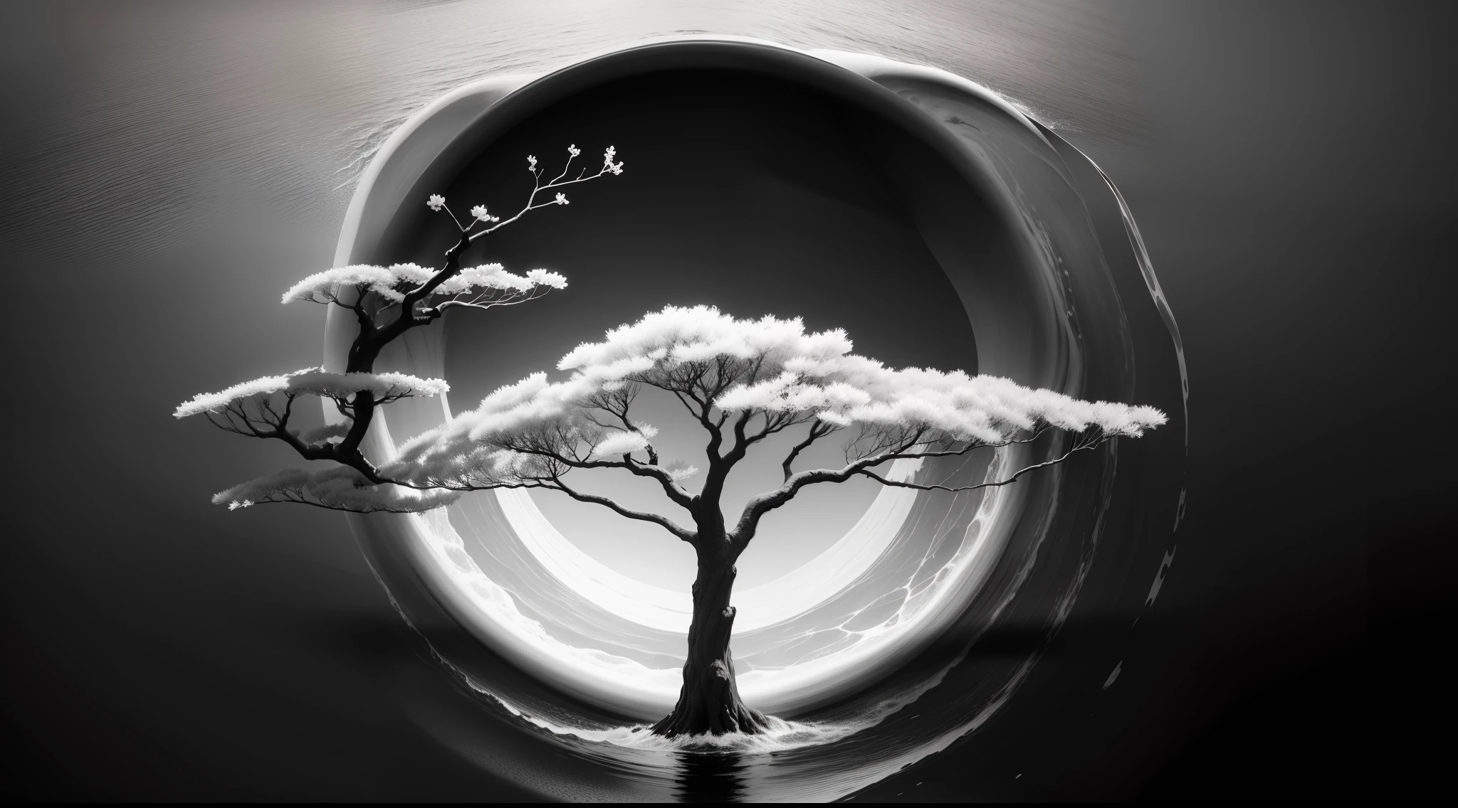 "black and white, serene Sakura tree in the middle of the sea"