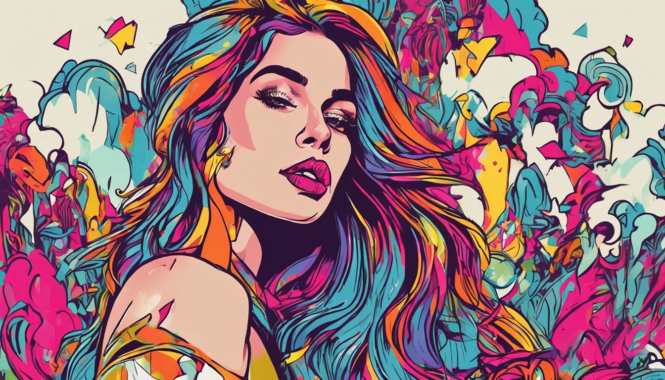 Ready-to-print vector t-shirt art color graffiti artist Lana Del Rey illustration, full bodyesbian, action shot, Vibrant colors, High detail