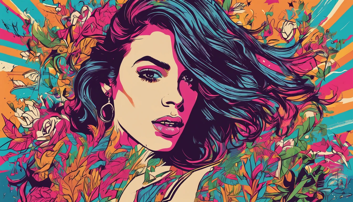 Ready-to-print vector t-shirt art color graffiti artist Lana Del Rey illustration, full bodyesbian, action  shot, Vibrant colors, High detail