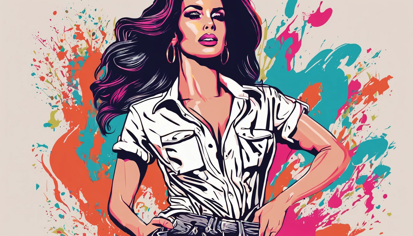 Ready-to-print vector t-shirt art color graffiti artist Lana Del Rey illustration, full bodyesbian, action  shot, Vibrant colors, High detail