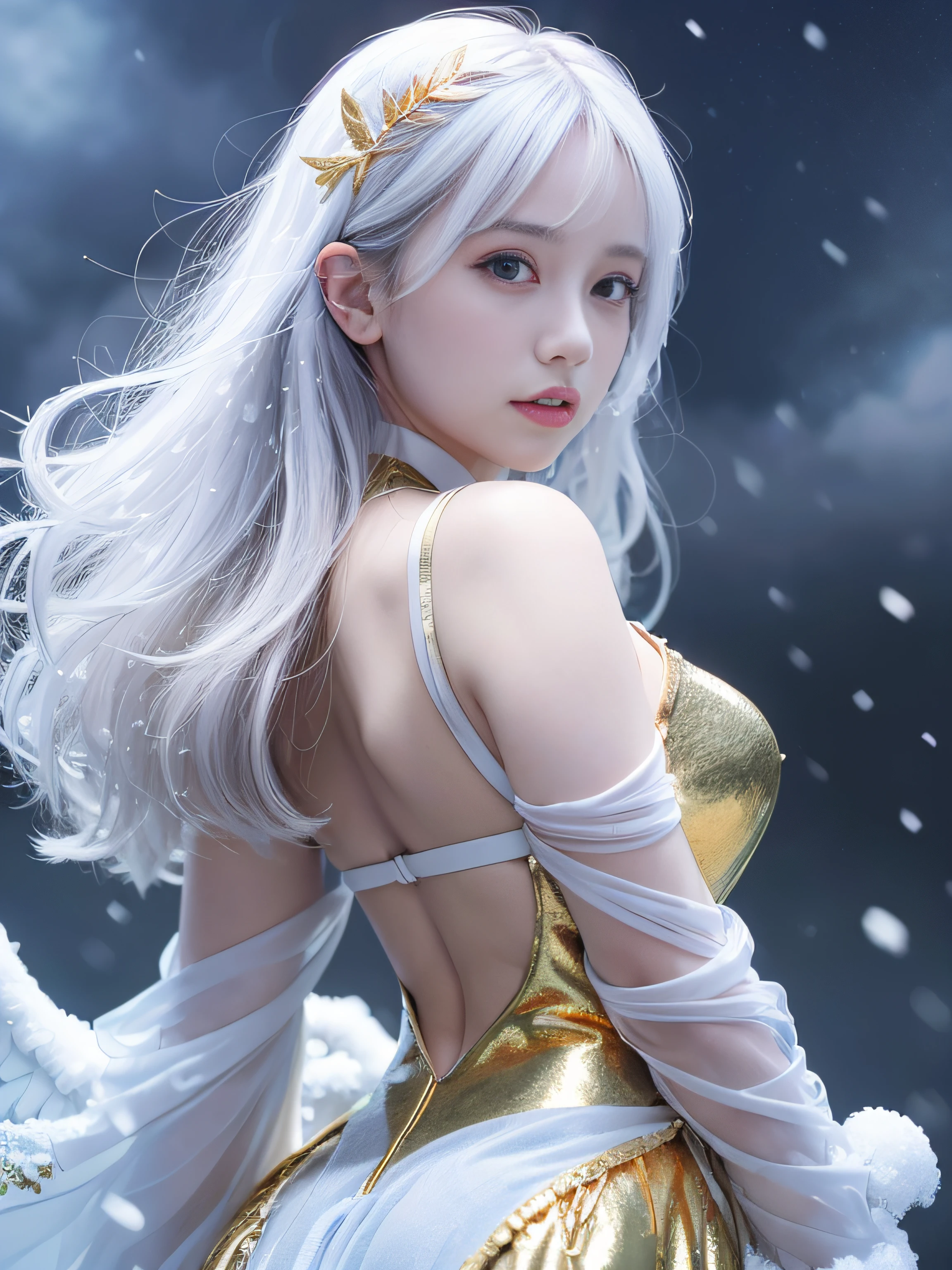 top-quality、​masterpiece、超A high resolution、(Photorealsitic:1.4)、Raw photo、Detailed CG image quality、cyberpunked、Beautiful fece、1girl in、(Silvery hair), (Gold hair ornament:1.4)、(Snow white angel costume:1.4)、cleavage of the breast、(Pure White Syntex Suit)、(sky-blue eyes:1.2), (radiant eyes), (Violent thunder emanating from the fingers:1.4). detailed portrait、8K picture quality、bright colour、concept-art、Cinematic and dramatic atmosphere、foco nítido、Volumetric lighting、Cinematographic lighting、Wearing studio quality、(Colorful neon lighting from behind)、depth of fields、Ambient lighting、Blurred foreground、blurry backround:1.3、(Blue sky:1.4), (white clouds:1.4),