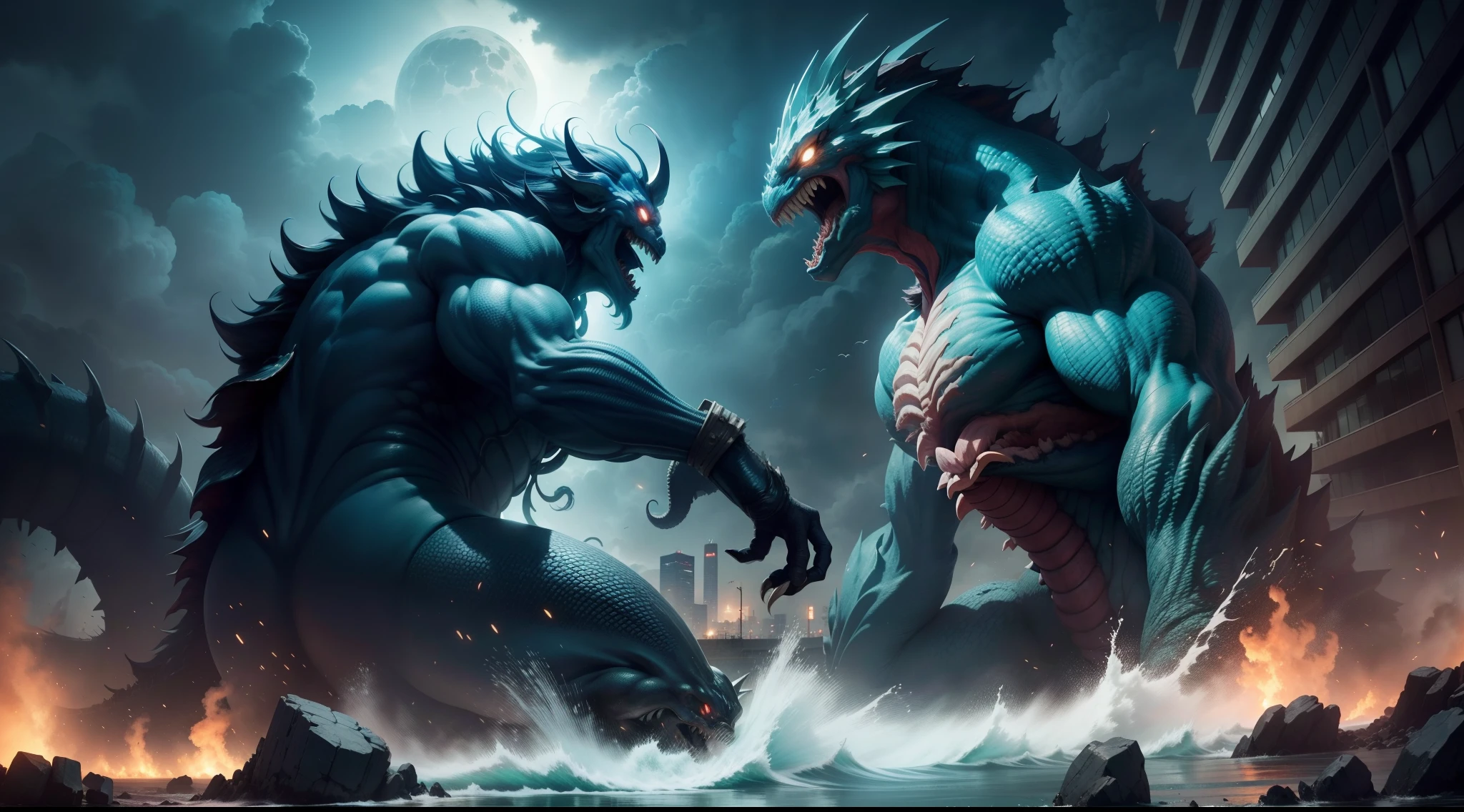 Mutated sea creatures invade Japan, Landing in the city, Energy light waves erupted from the monster's mouth, Wanton destruction of buildings, Ruined streets, Monsters and armies fight, Very many fighters are attacking monsters, cinematic lighting, from side, panorama, Sony FE GM, UHD, masterpiece, ccurate, textured skin, super detail, high details, 16k, award winning, best quality