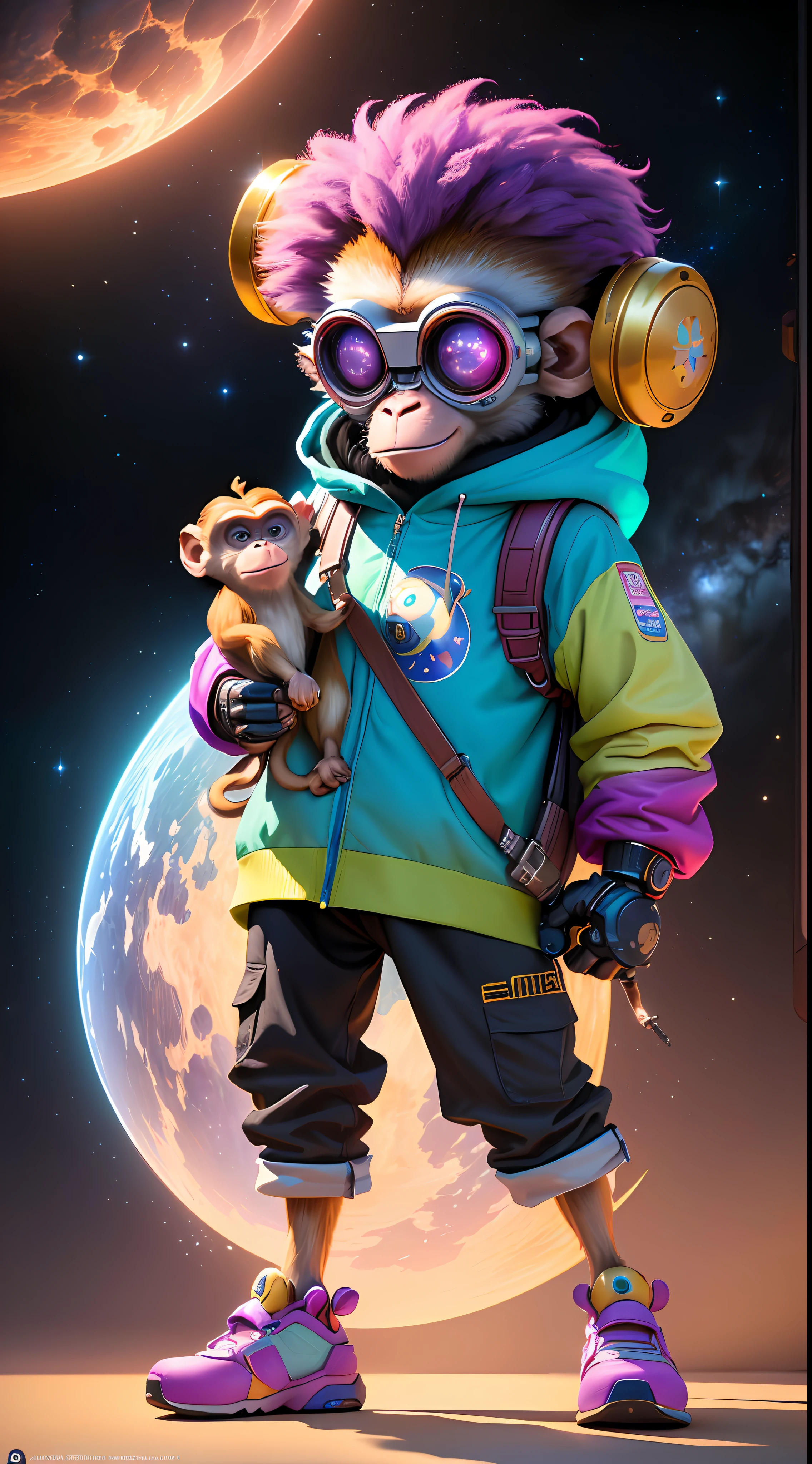 A small monkey,，magical, Anthropomorphic,Upper body length，Short legs， Wear a futuristic machine，Carry mechanical weapons, The background is a colorful universe. pixar animation, Funky blind box, OC Render, Ray traching, High quality, High detail, high resolution, 8K, bust size