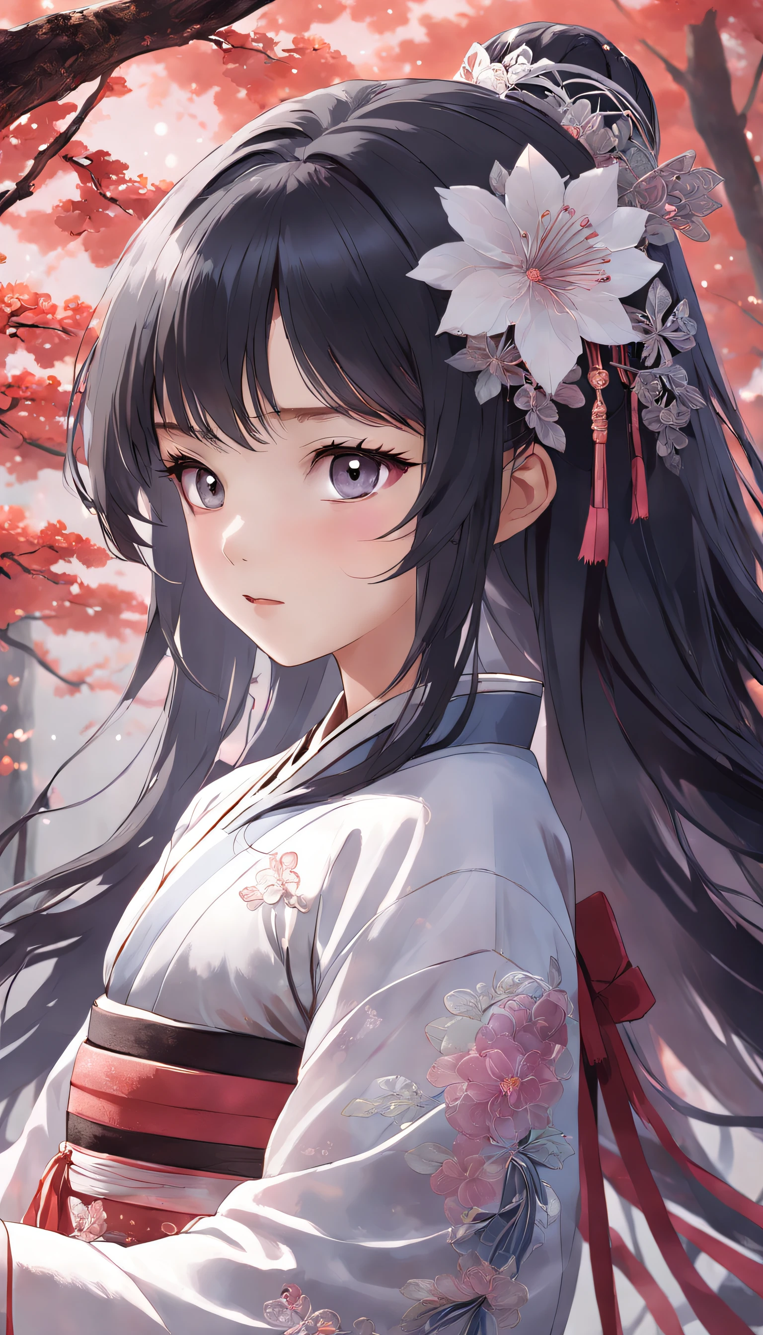 (Little girl:1.5),Lace,ribbon,Hanfu,(Masterpiece, side-lighting, Beautiful gray eyes,The details are meticulous: 1.2), Masterpiece, Realistic, Glowing eyes,Shiny hair,Black hair,long whitr hair, Glossy glossy skin, Solo, embarressed,No shoulder strap,Exquisite,prettify,sonoko,Flowers,flying petal,