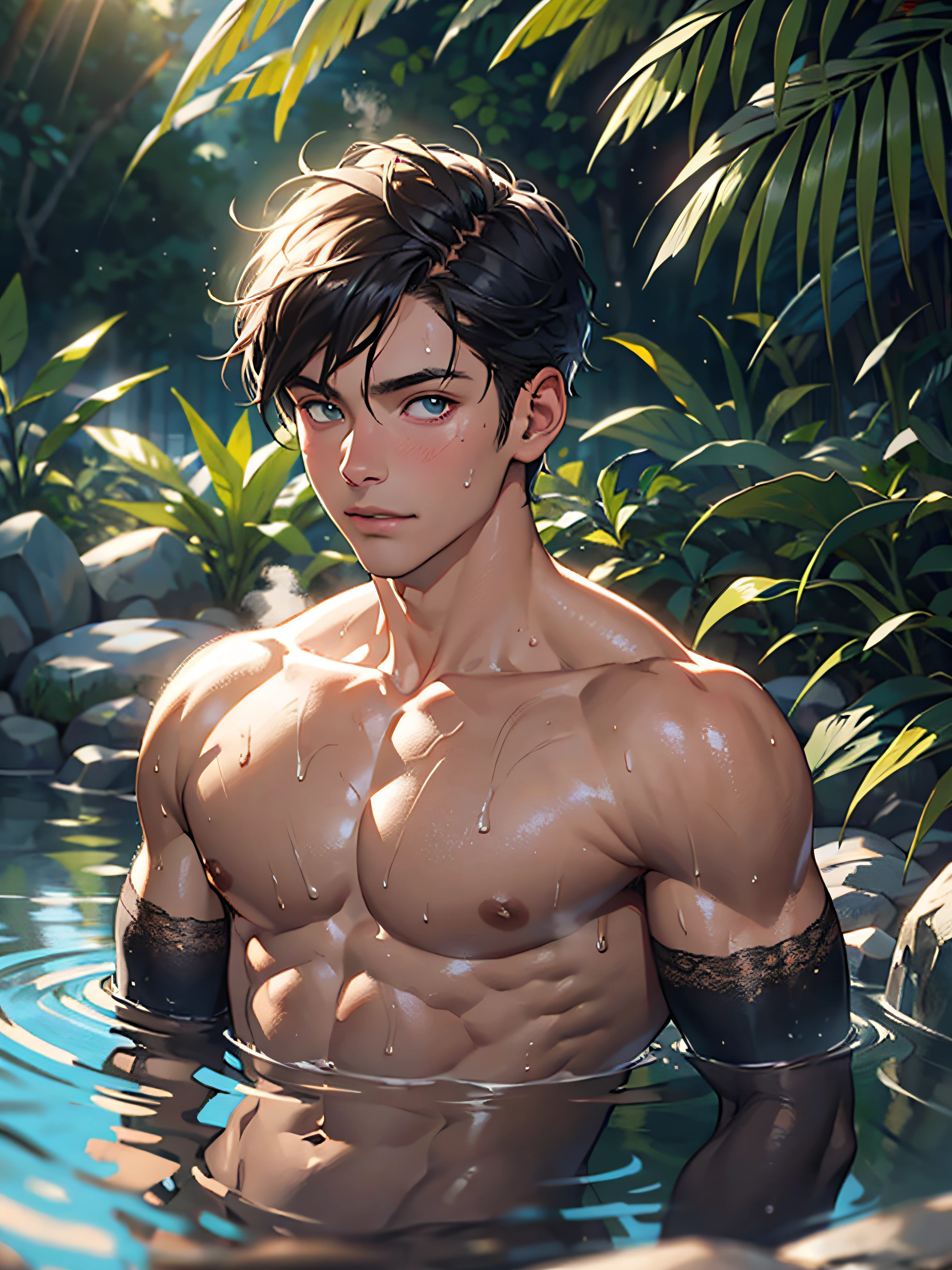 (masterpiece, best quality), 1man, muscular, bright colors, (depth of field: 1.2), sunlight, bright, high exposure, 1boy, male focus, solo, male high school, dark skin, , full, muscular, handsome, outdoors, bathing with steam, hot spring, hot spring, sweat, look at the audience, depth of field, bokeh, detailed background, detailed lighting, diffuse natural sunlight, diffuse natural skin shine, symmetrical eyes