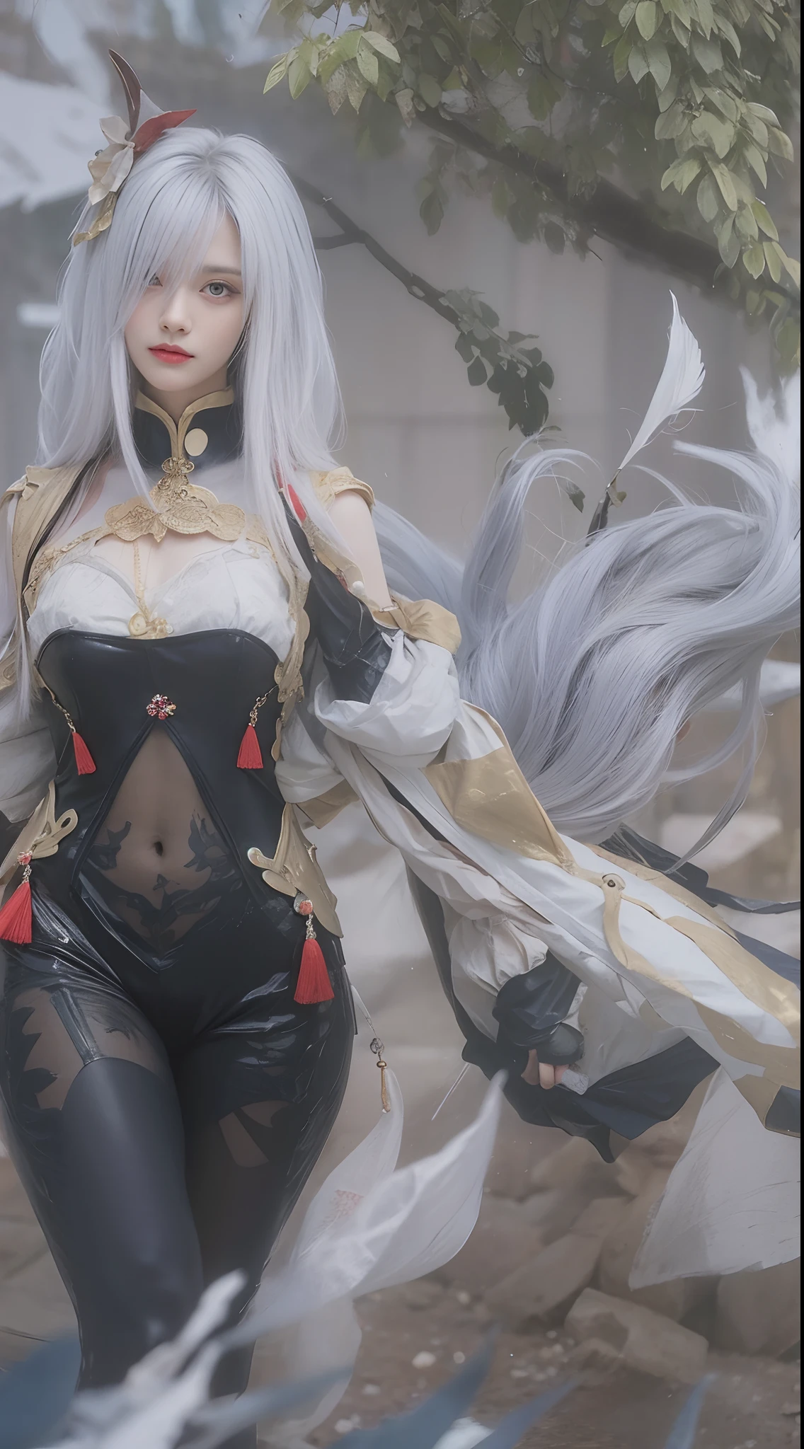 Flowing white hair blocks the left eye
