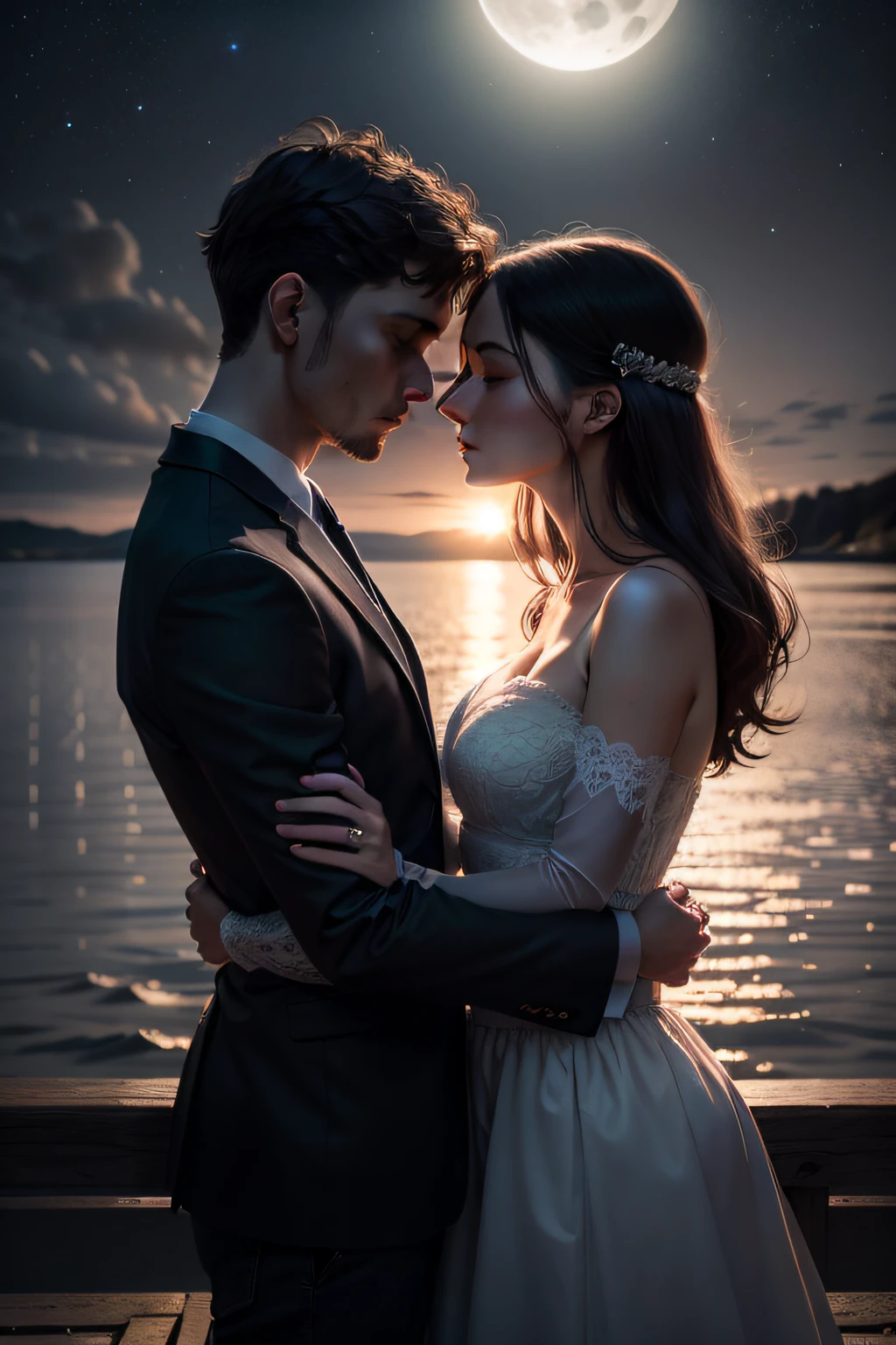 a couple,hugged each other tightly,standing in the bright moonlight,their bodies clinging together,express deep love and rely on,moonlight on them,giving a soft light and romantic atmosphere,in the background is the tranquil night scene and the twinkling of the stars,the camera is canon eos r,the warm tones of the scene were captured using color film,using an 85mm lens,provides a close-up perspective for a couple's embrace,long exposure technique was used when shooting,enhance the mystique and romantic atmosphere of moonlight,artist contrasts for this scene include anne lebovitz,robert mapplethorpe,david hackney,leonardo da vinci and nikki de saint farr,