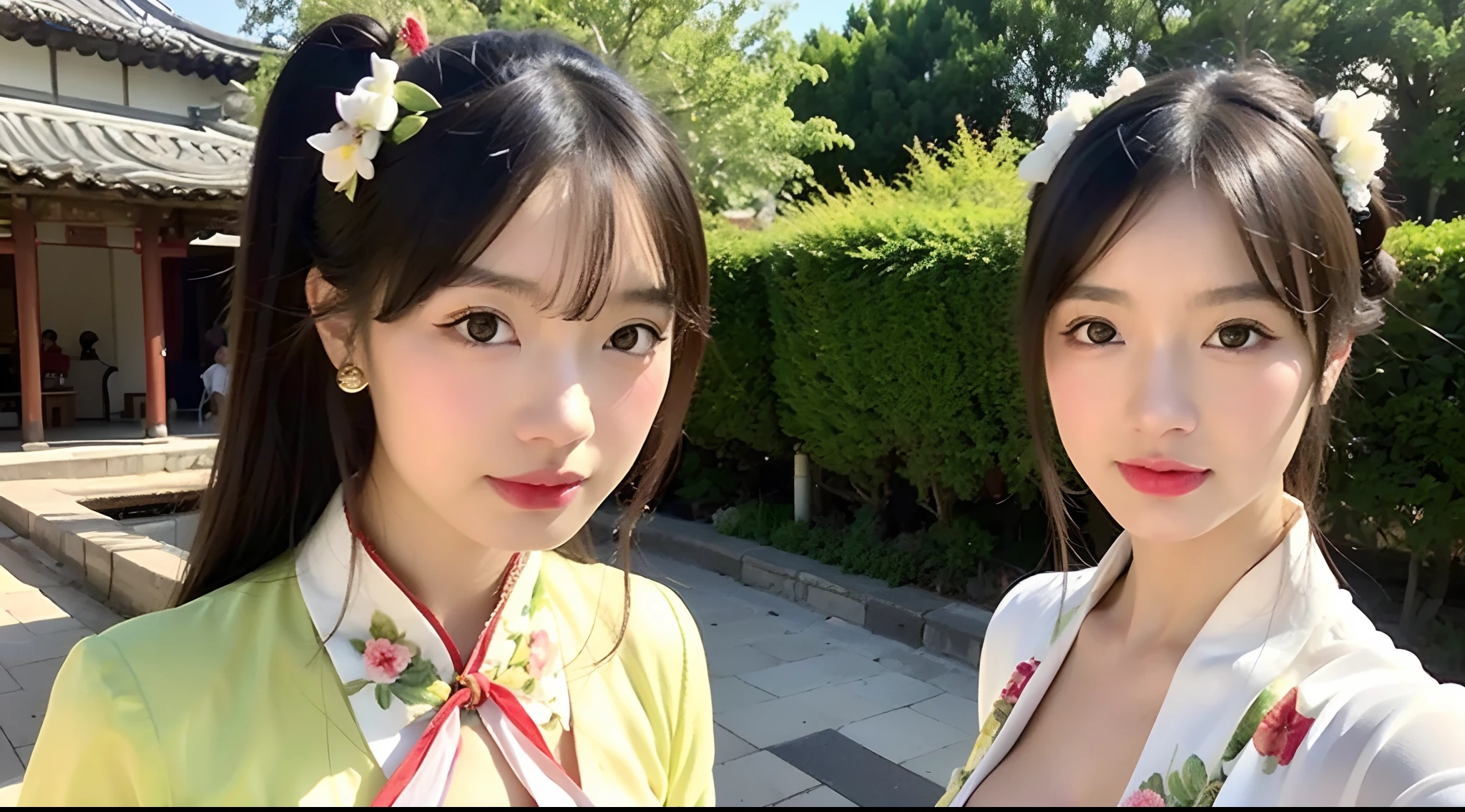 (A half body，Close-up，closeup cleavage)，Arakfi Asian woman sitting in chair，Wearing a green and gold dress, (outside,hot onsen，florals，grassy，nevando） ， A girl in Hanfu, Hanfu, Cheongsam, with acient chinese clothes, Traditional beauty, Traditional Chinese clothing, Wearing ancient Chinese clothes, Chinese style, Chinese dress, Chinese costume, Chinese traditional, Chinese girl, wearing ornate silk clothes，Redlip