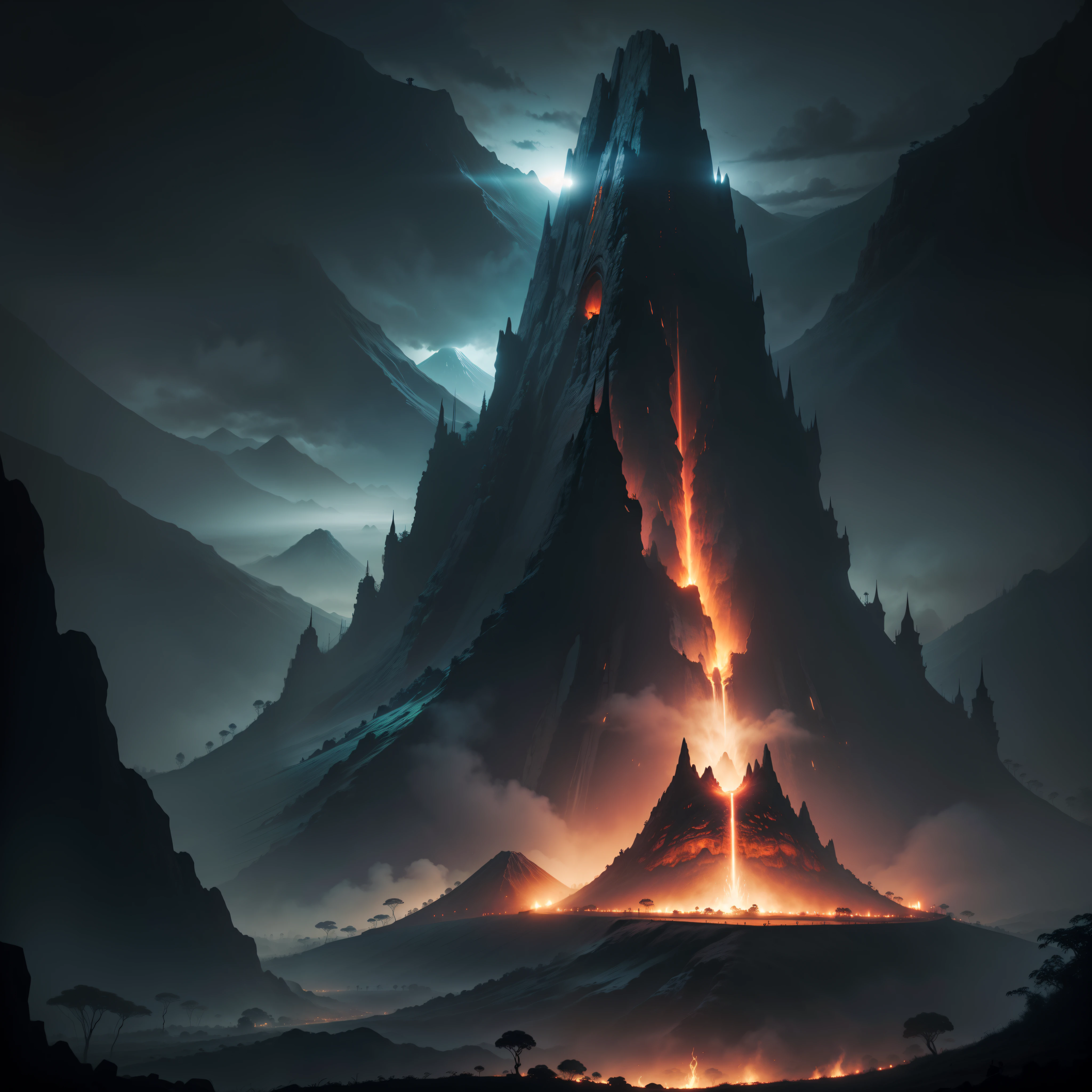 A dark jungle landscape featuring a massive volcano shaped like a skull, nighttime, fantasy world, scary, evil