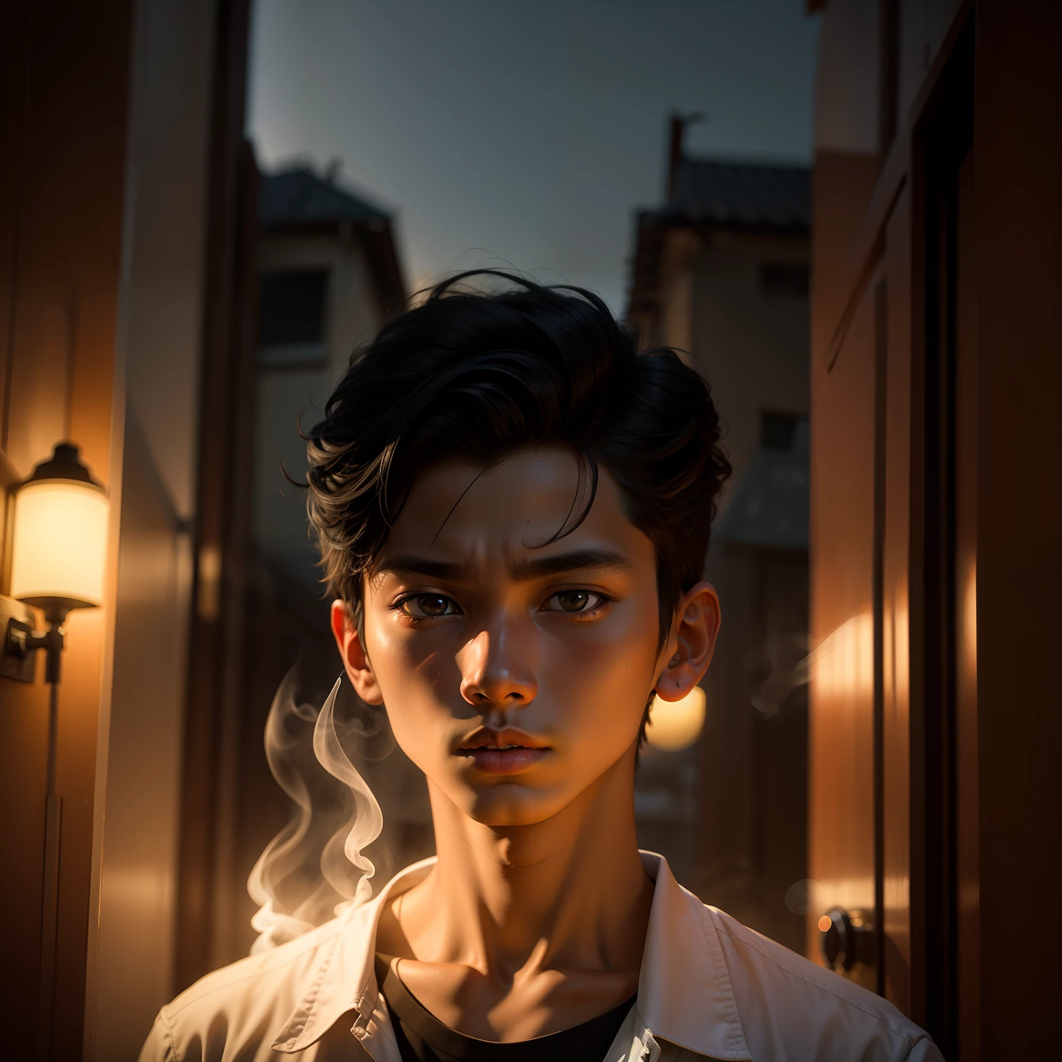 16 years boy realstik face, darkness , and smoker