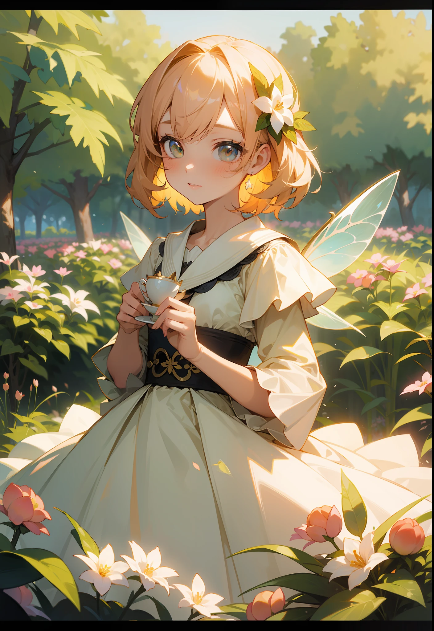 masterpiece, best quality, ultra detailed beautiful face and eyes,a girl,Fairy tale, beautiful flower garden, tea, hibari, peach color, dress, happy